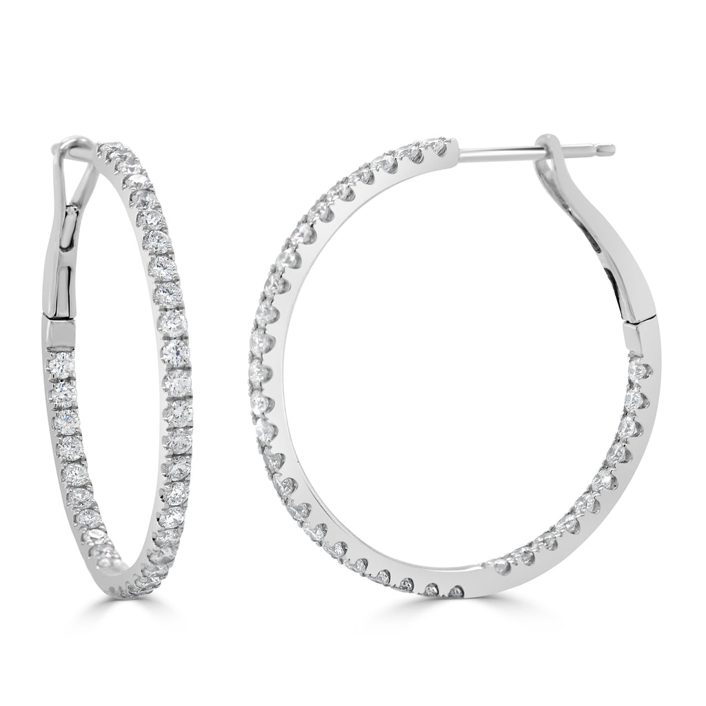 14K Gold Diamond Hoop Earrings - White