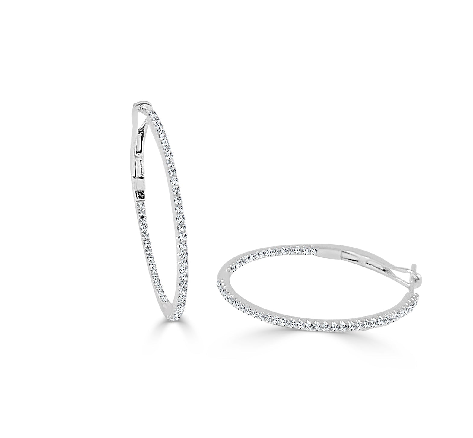 14K Gold Diamond Hoop Earrings - White