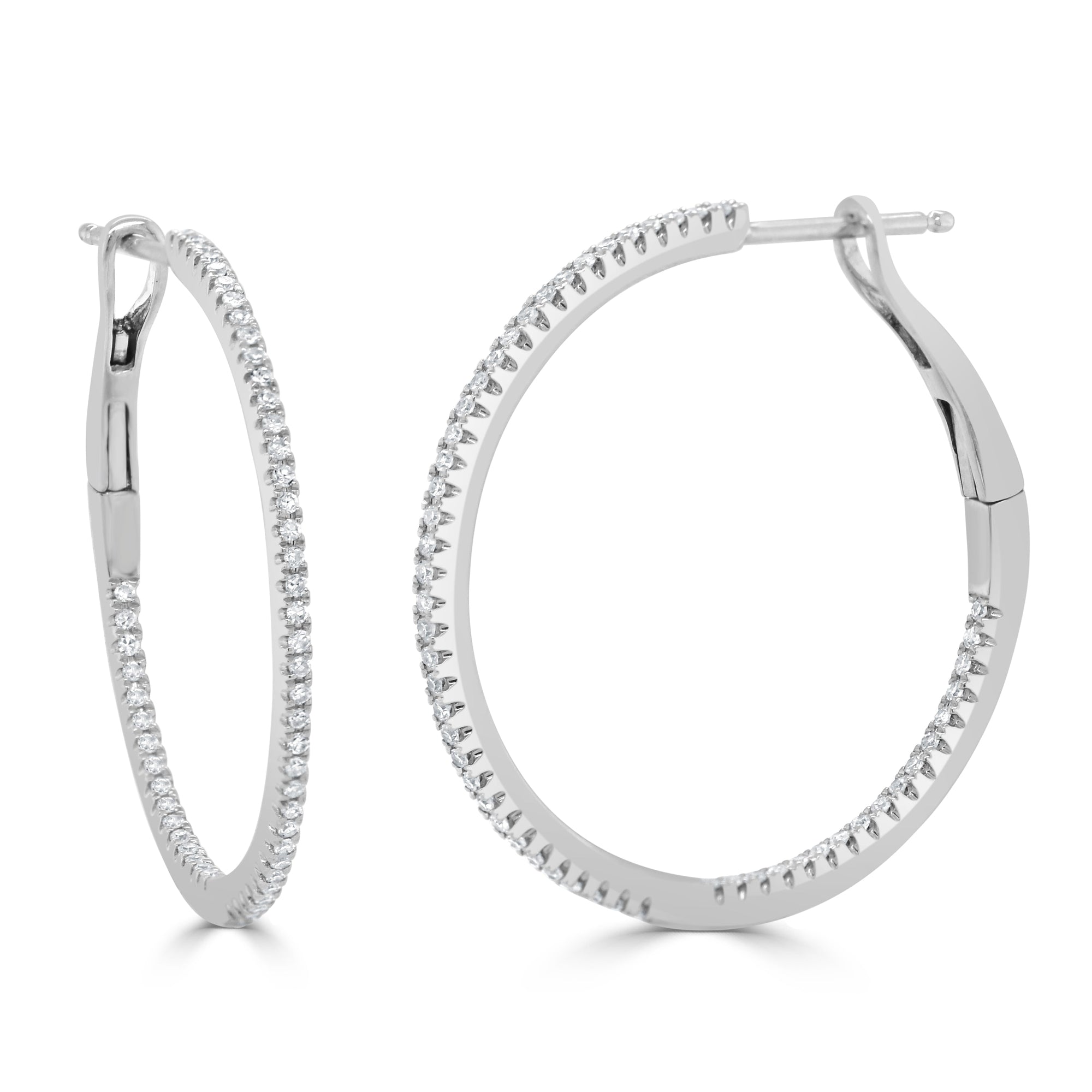 14K Gold Diamond Round Hoop Earrings - White