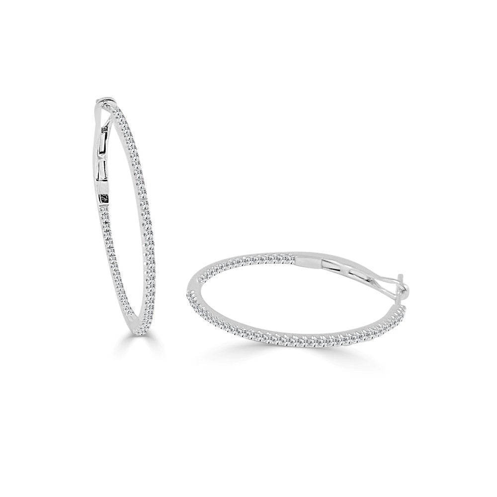 14K Gold Diamond Round Hoop Earrings - White