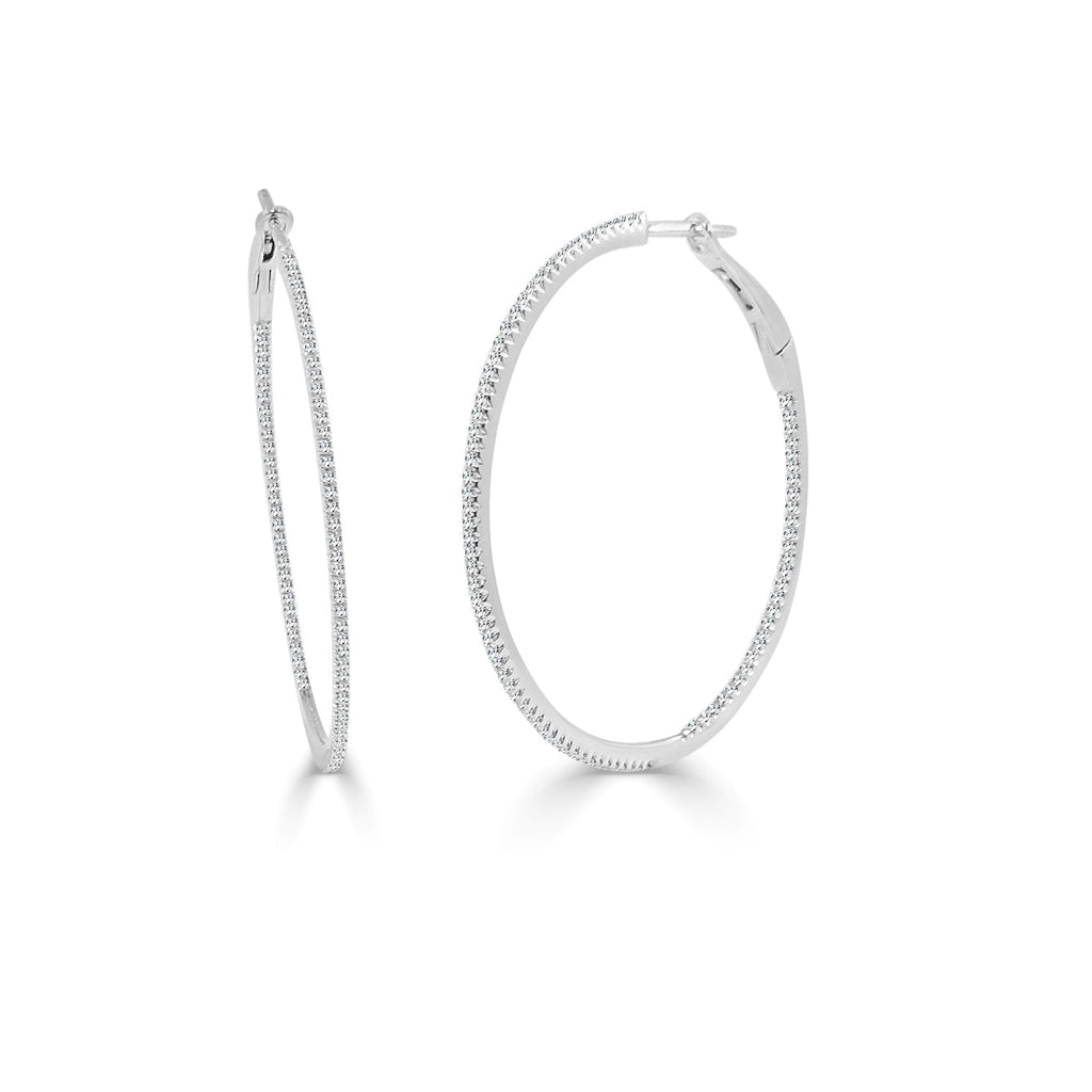 14k Gold & Diamond Skinny Hoop Earrings-White