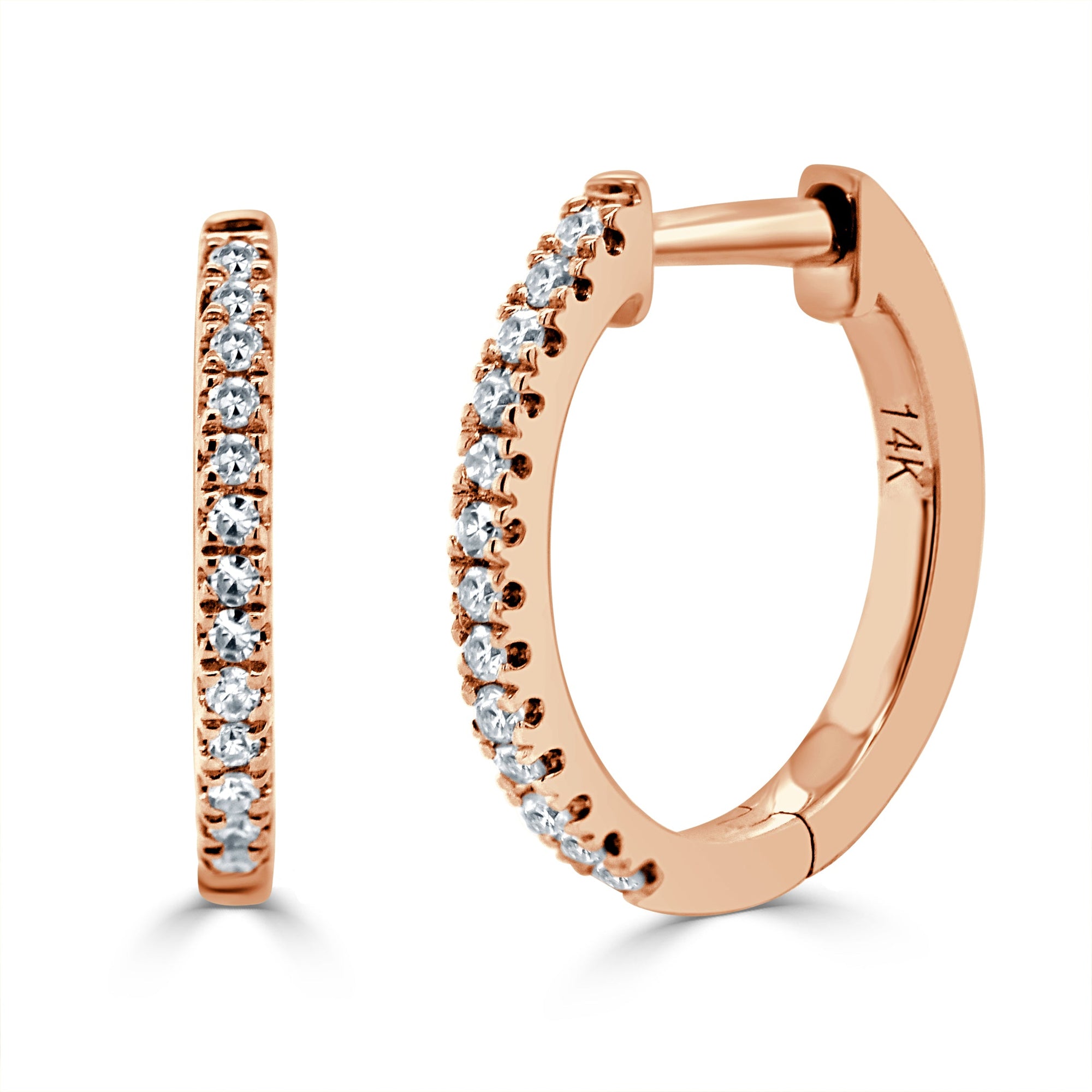 14K Gold Diamond Huggie Hoop Earrings-Rose