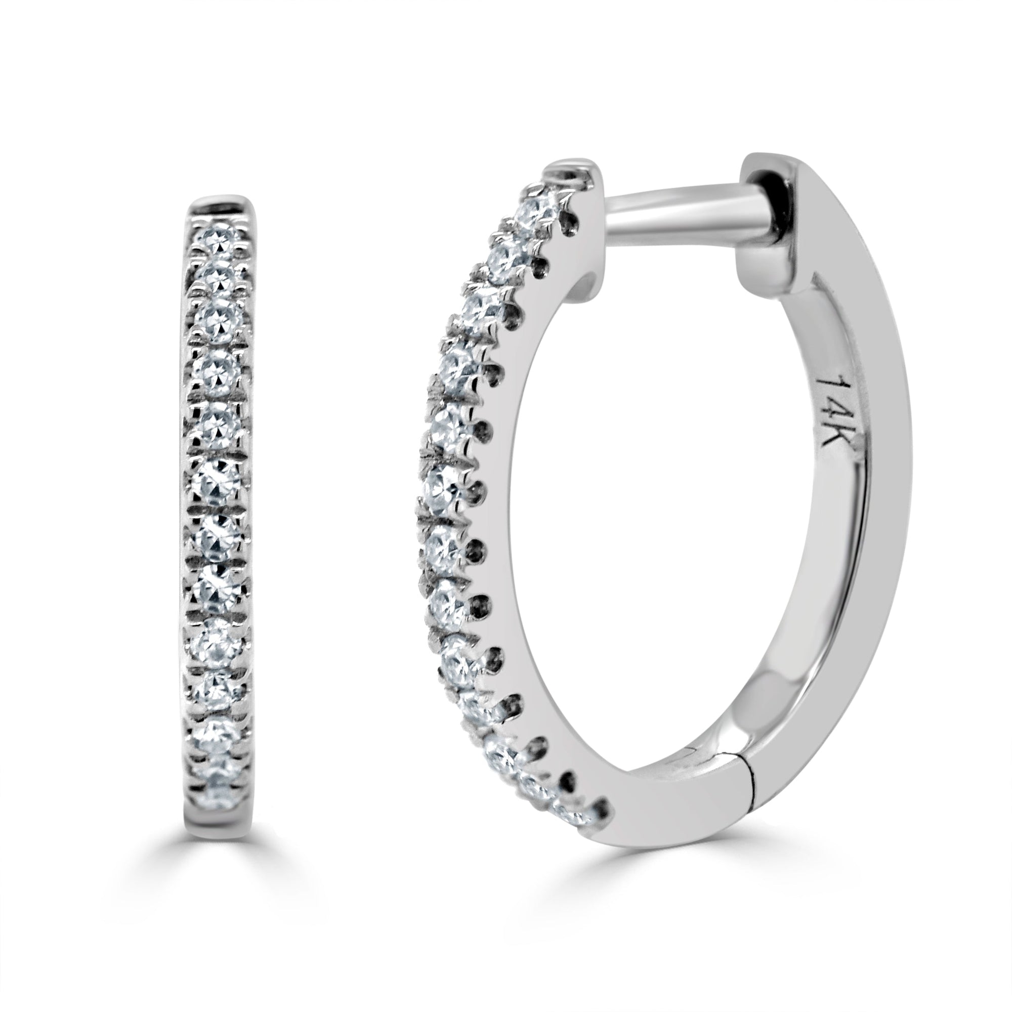 14K Gold Diamond Huggie Hoop Earrings- White