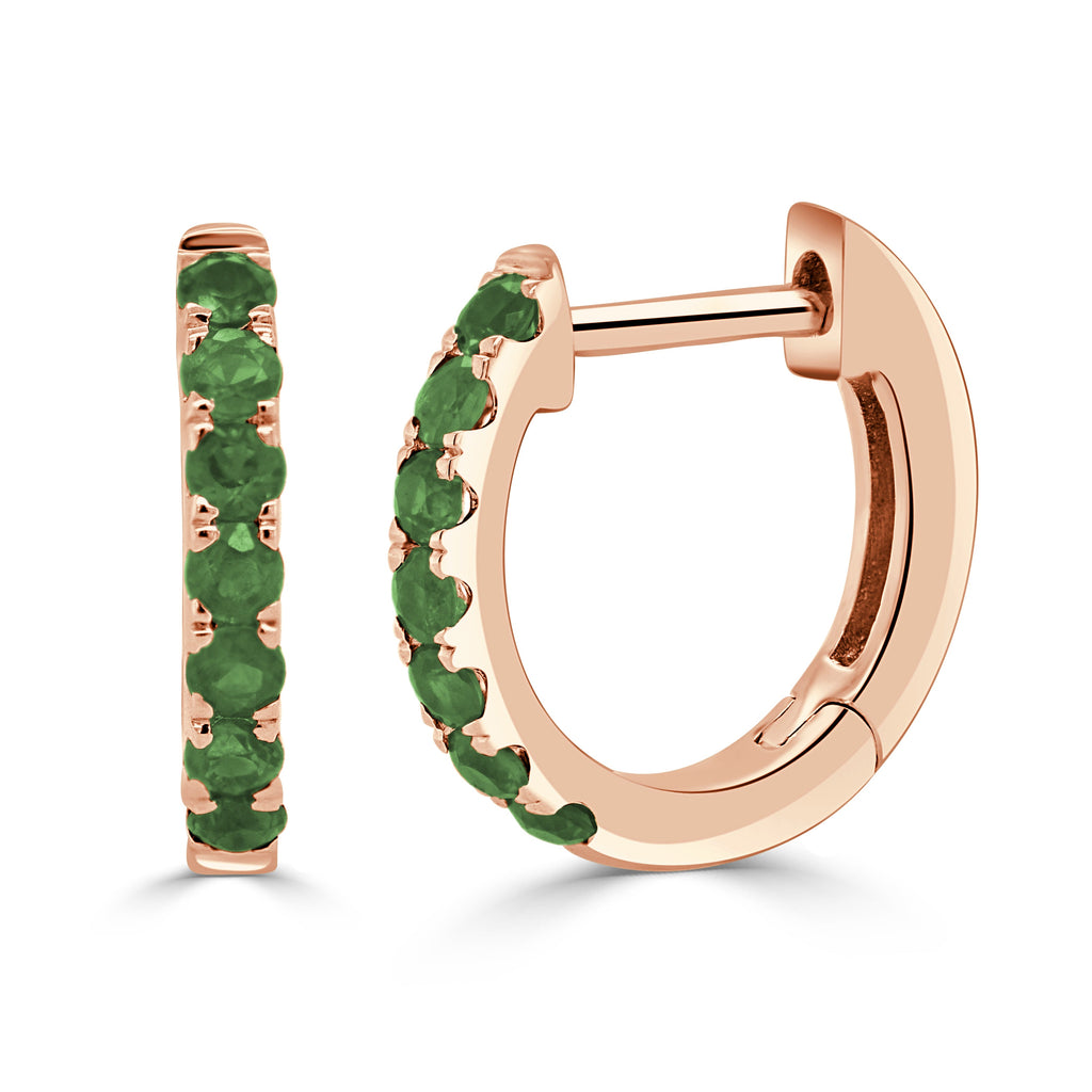 14K Gold Emerald Huggie Earrings - Rose