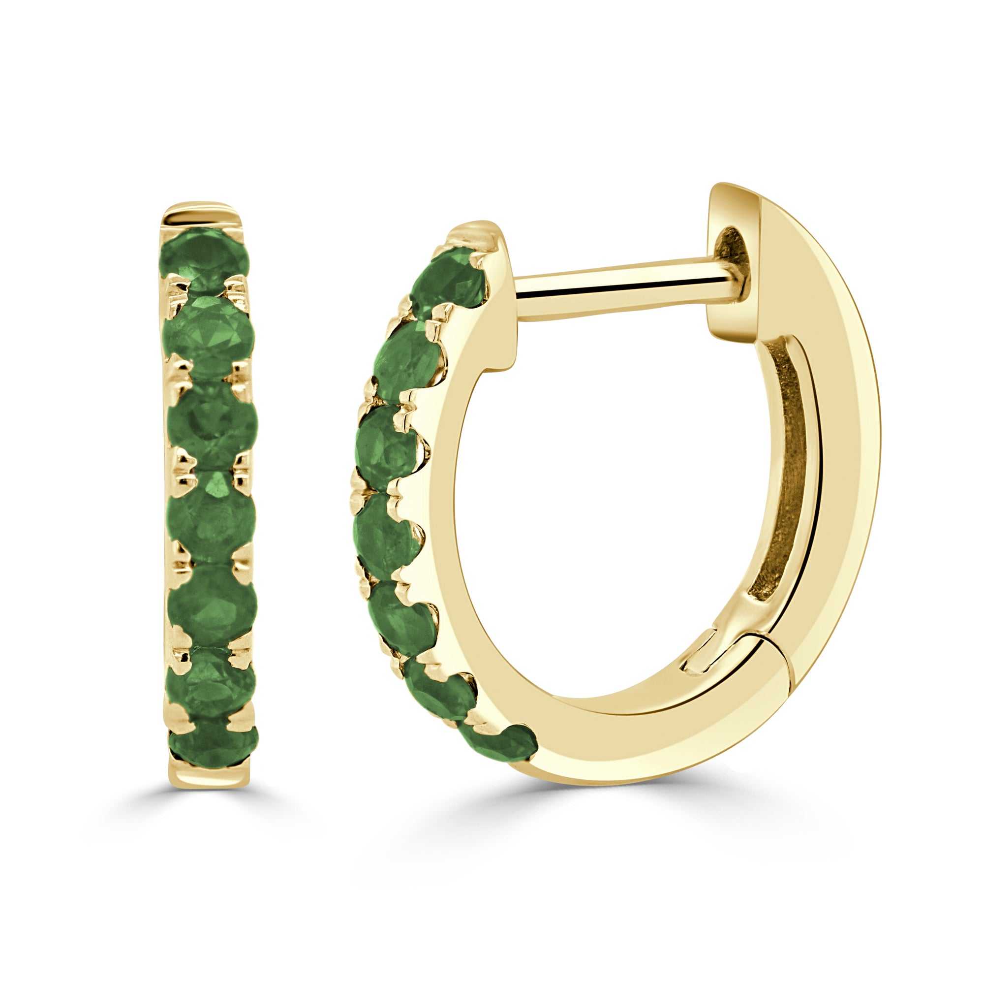 14K Gold Emerald Huggie Earrings - Yellow