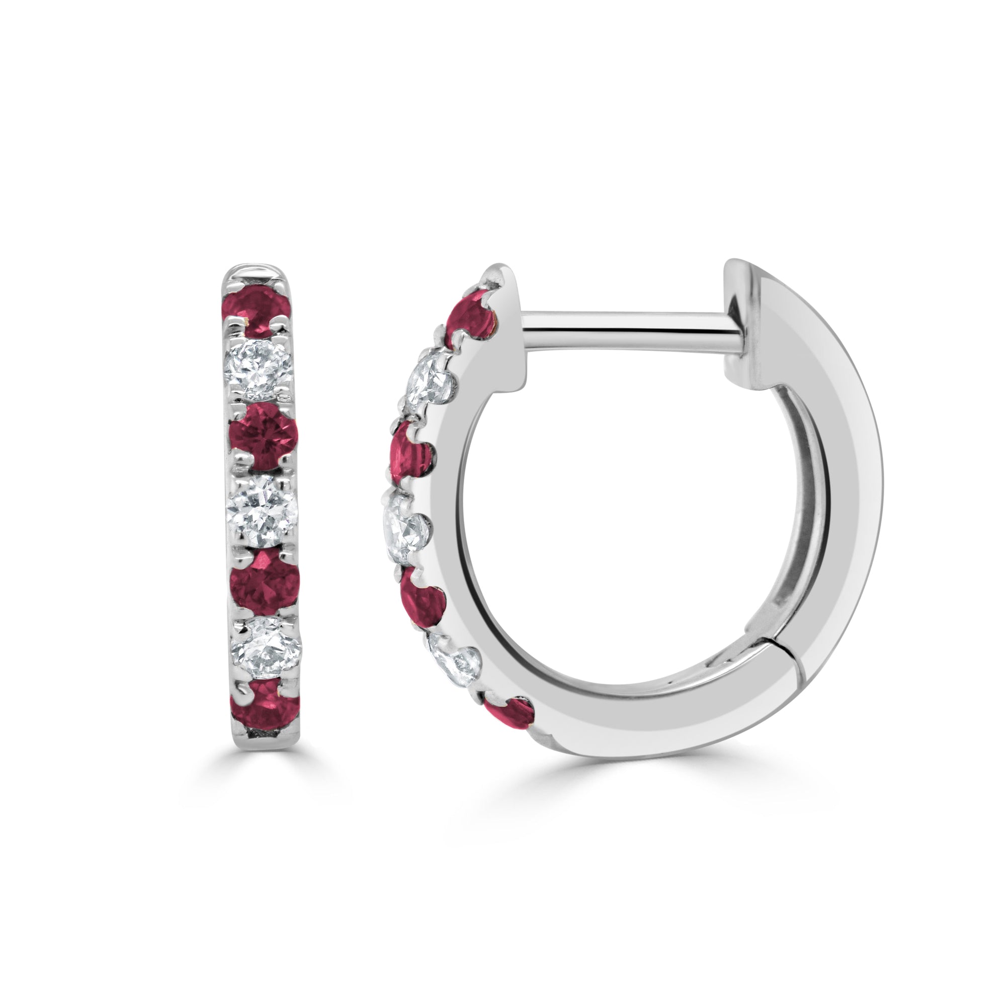 14K Gold Ruby & Diamond Huggie Earrings - White