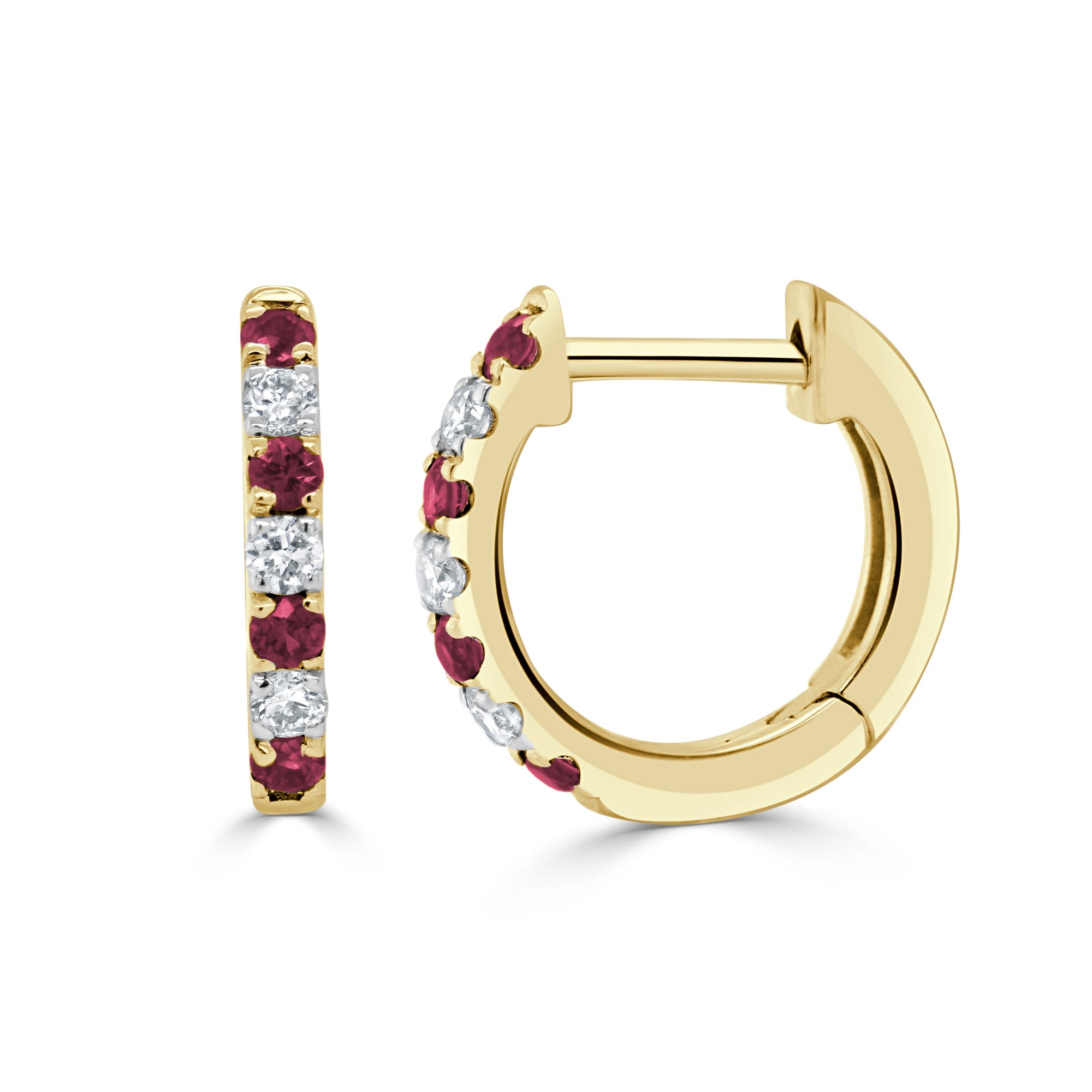 14K Gold Ruby & Diamond Huggie Earrings - Yellow