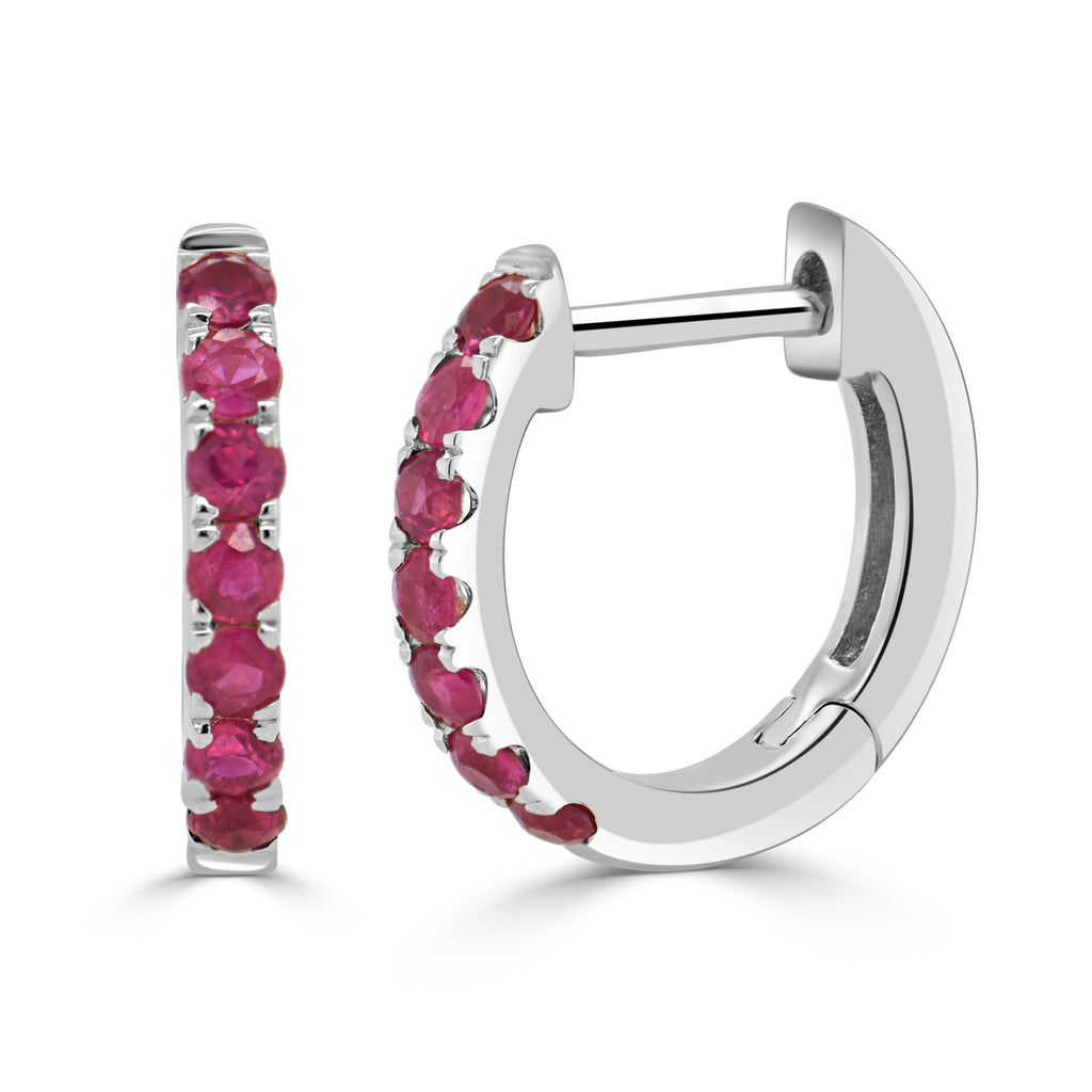 14K Gold Ruby Huggie Earrings –White