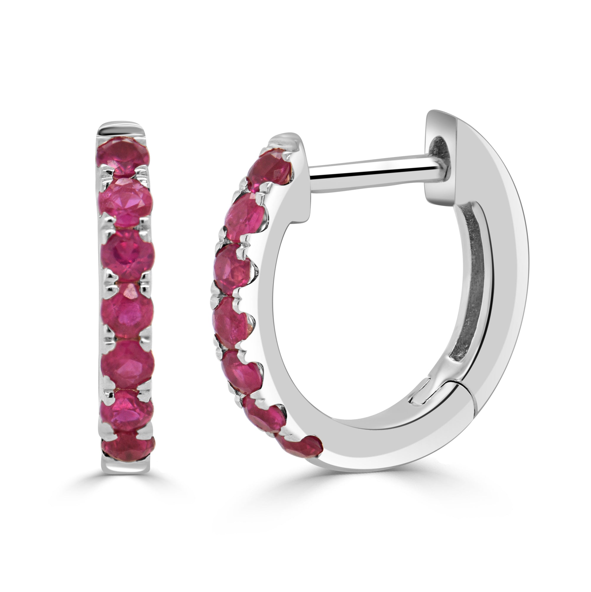 14K Gold Ruby Huggie Earrings –White