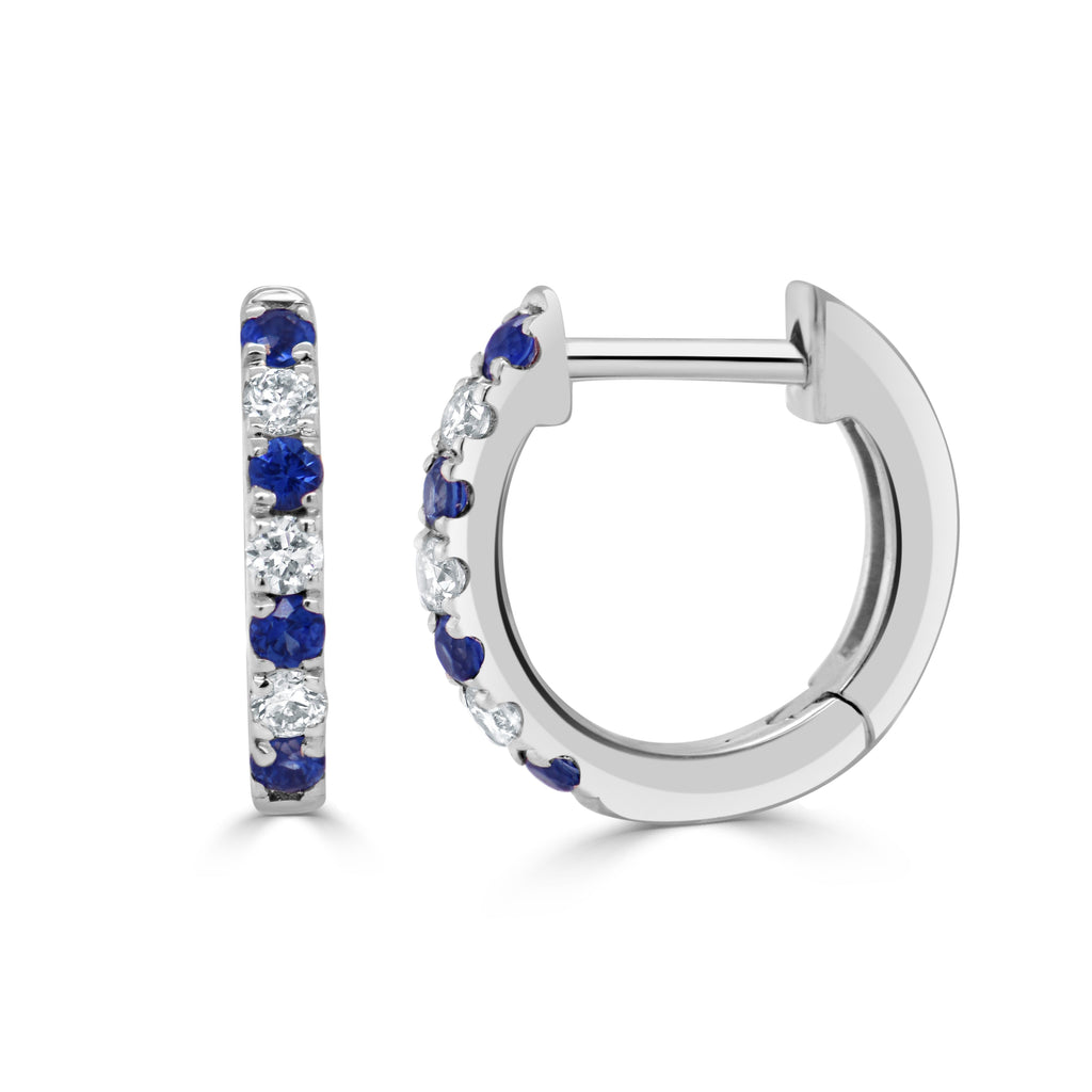 14K Gold Sapphire & Diamond Alternating Huggie Earrings - White