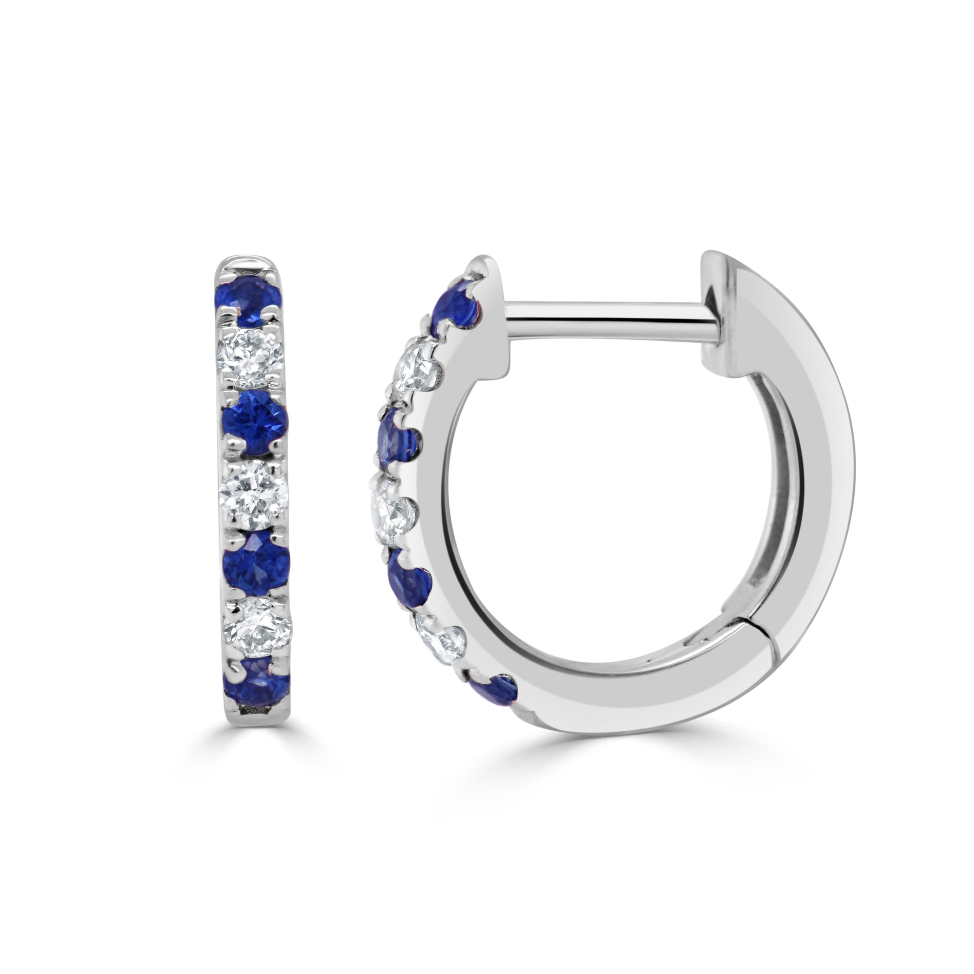 14K Gold Sapphire & Diamond Alternating Huggie Earrings - White