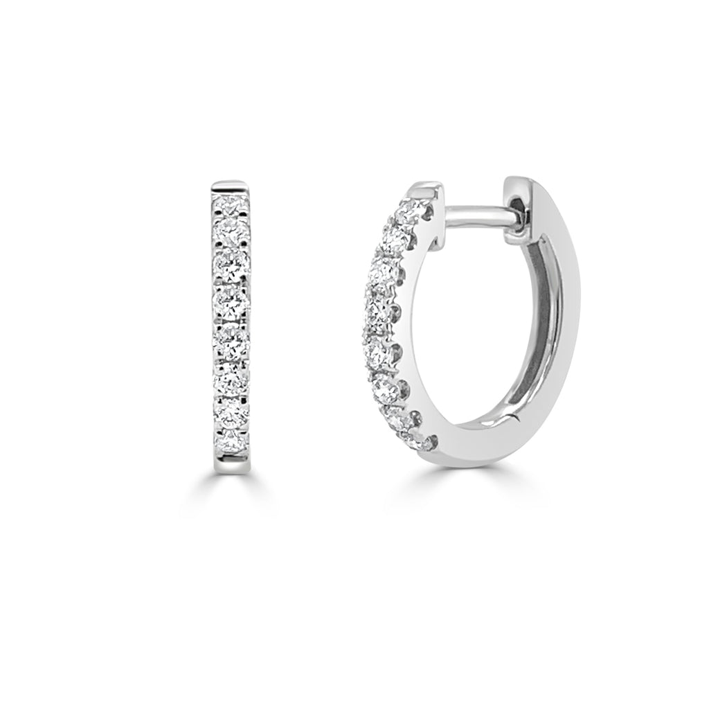 14K Gold Diamond Huggie Earrings –White