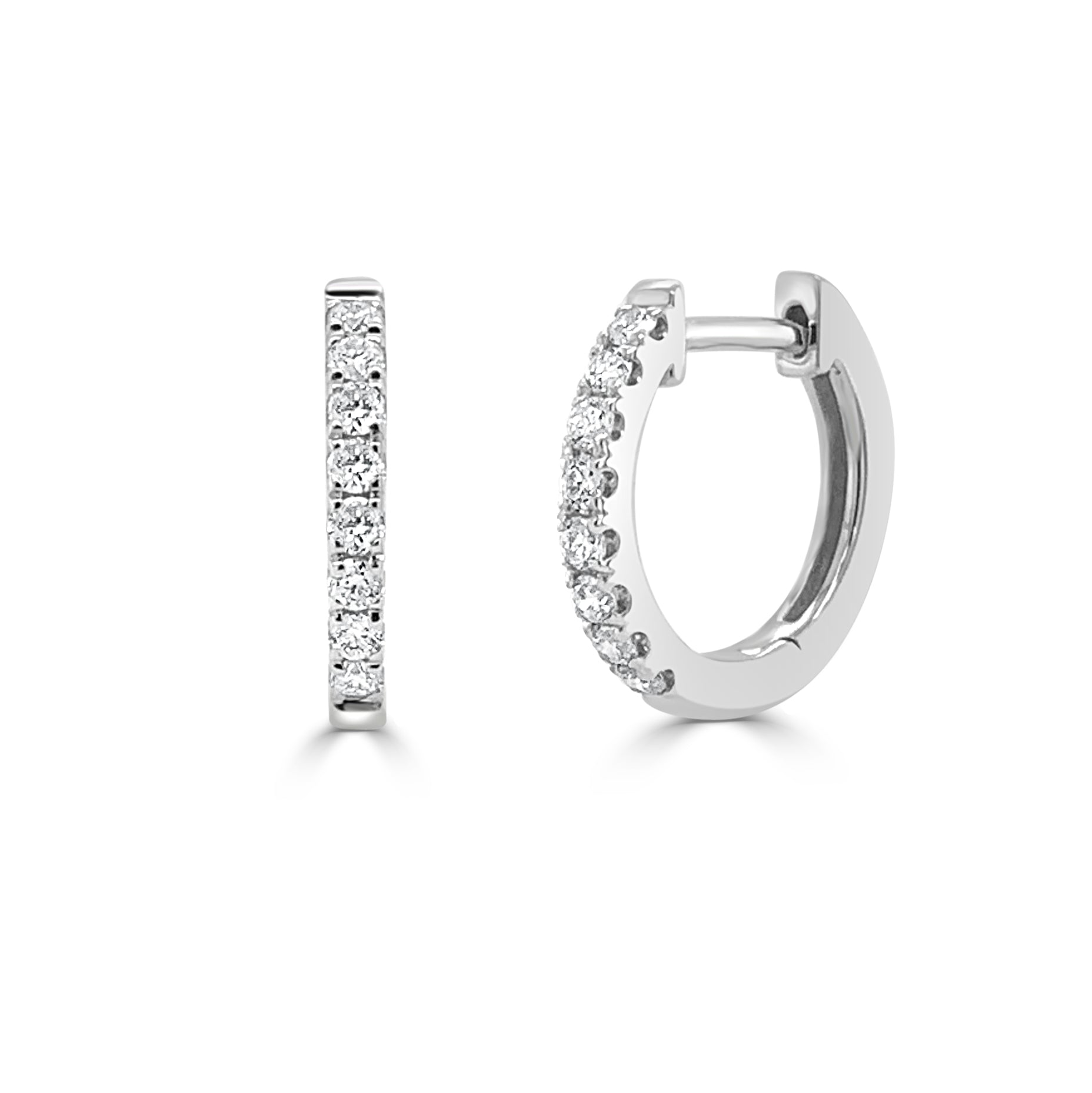 14K Gold Diamond Huggie Earrings –White
