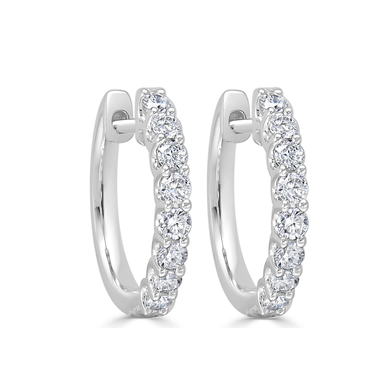 14K Gold Round Diamond Hoop Earrings-White