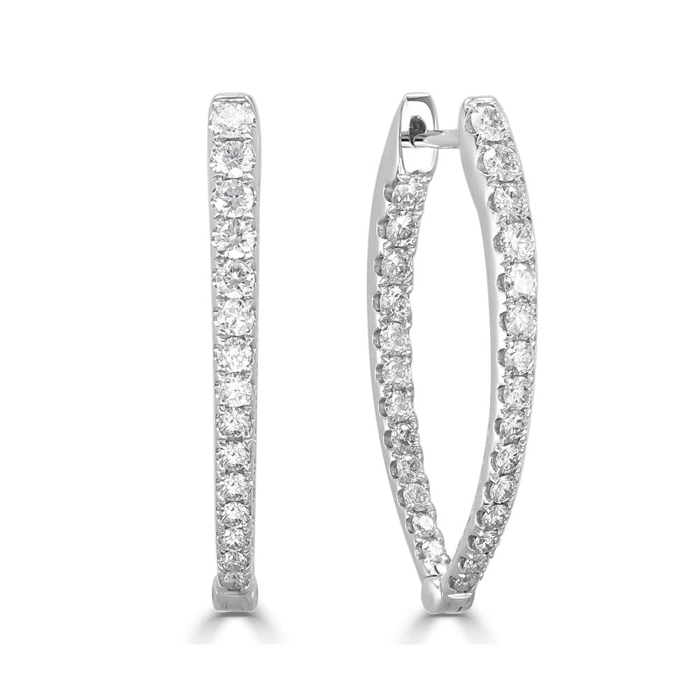14K Gold Diamond Inside-Out Oval Hoop Earrings - White