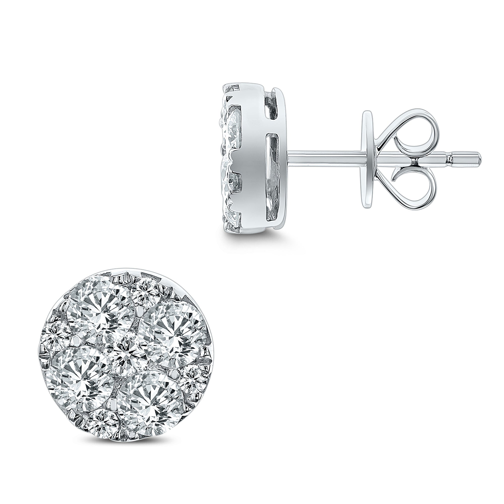 Round and Square Diamond Stud Earrings-White