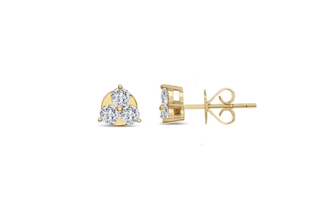 3 Stone Round Diamond Earrings-Yellow