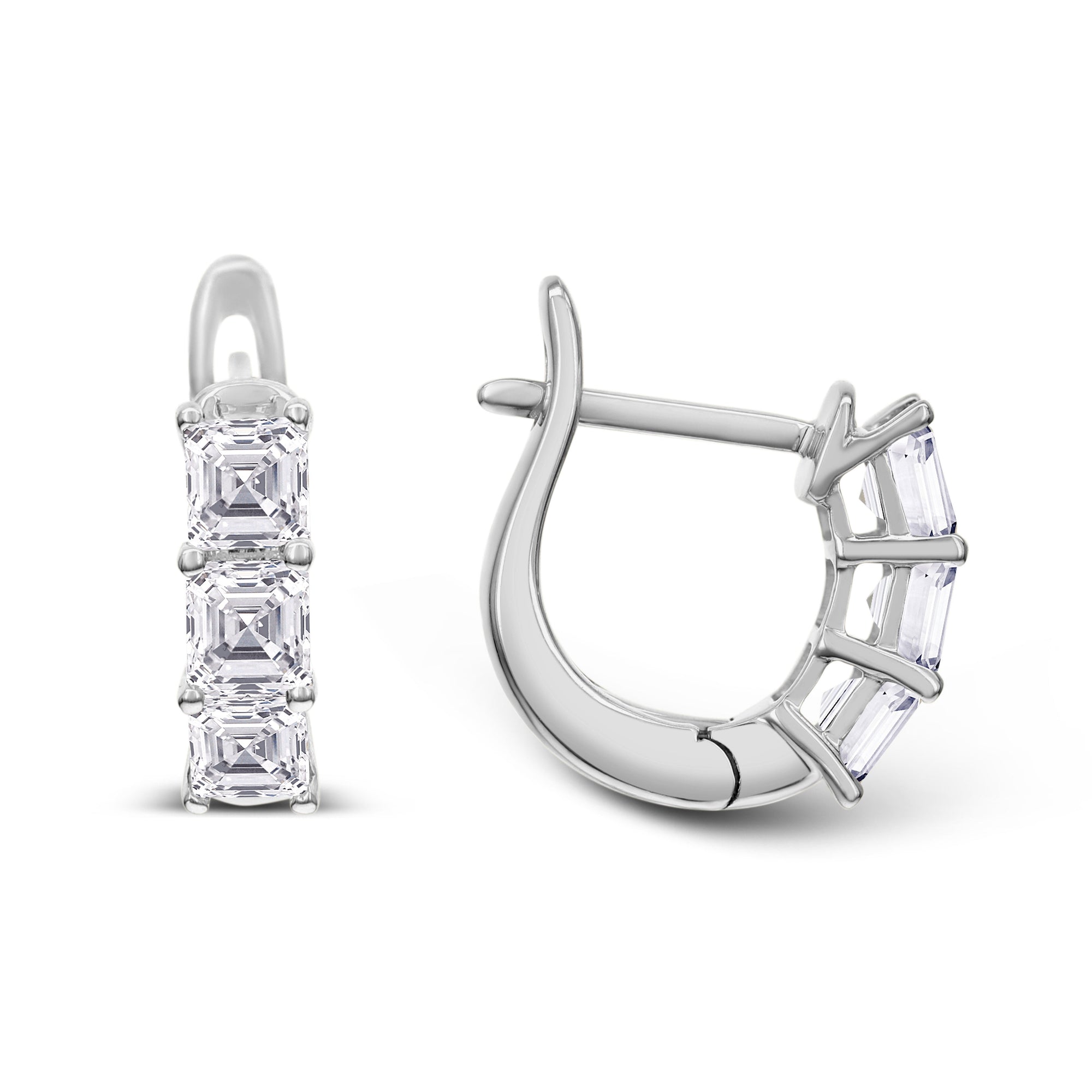 3-Stone Asscher Cut Diamond Huggie Earrings-White