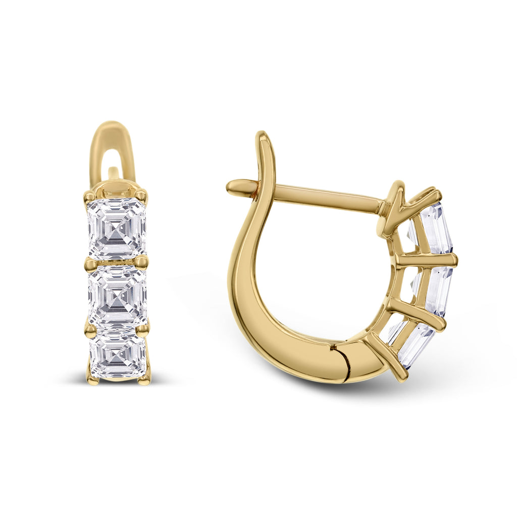3-Stone Asscher Cut Diamond Huggie Earrings -Yellow