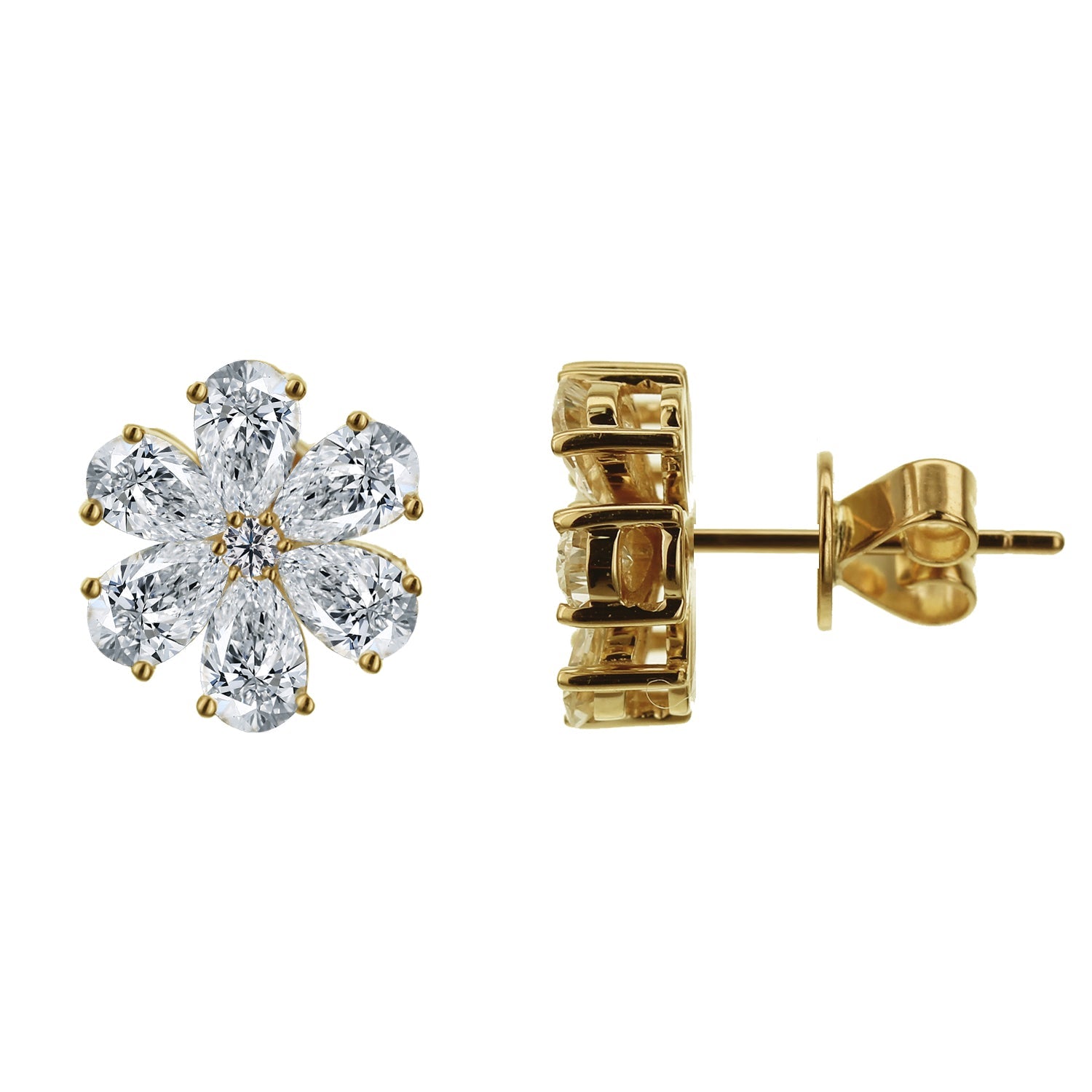 2 Stone Round and Pear Shape Diamond Earrings-Yellow