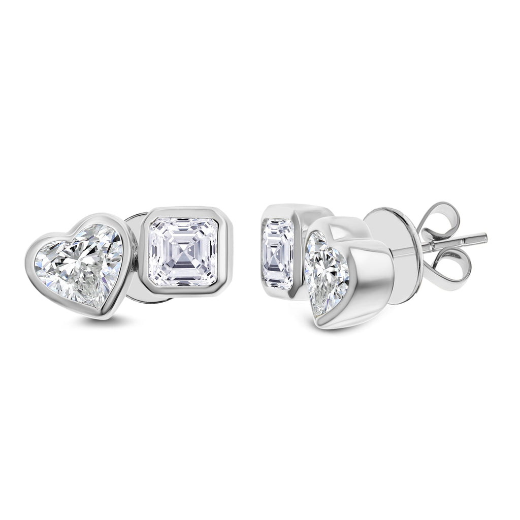 Asscher Cut & Heart Shape Diamond Stud Earrings - White