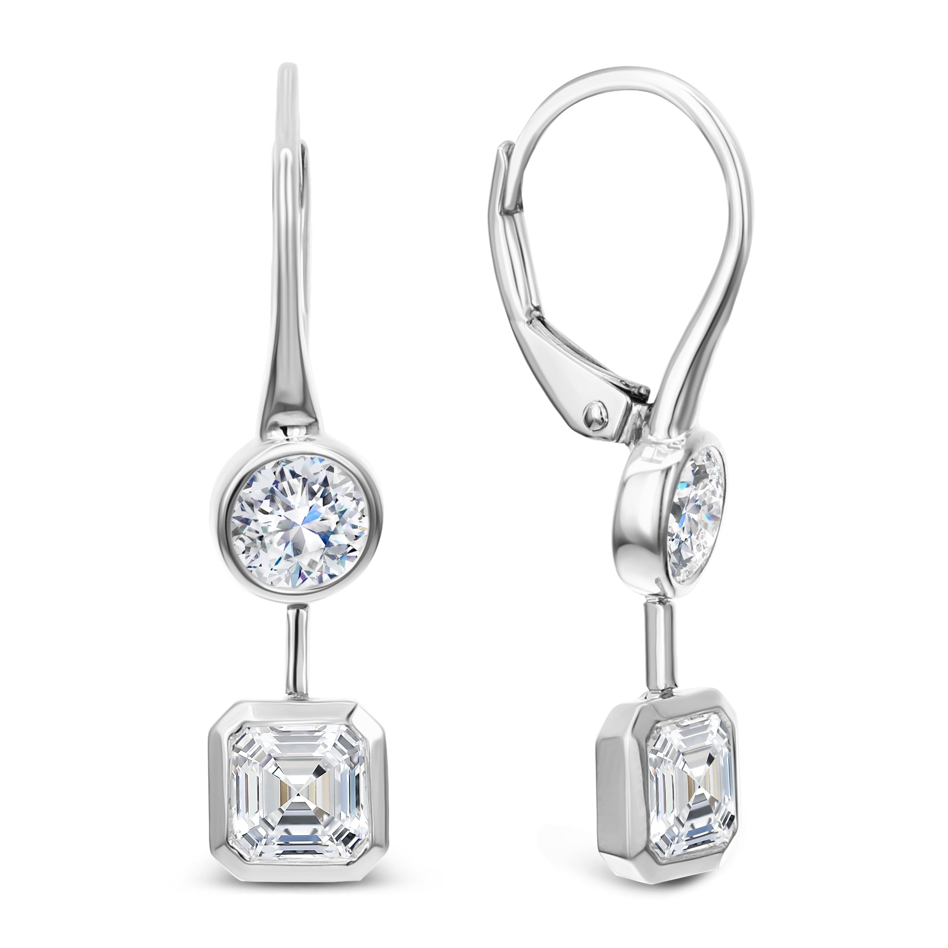 2 Stone Round and Asscher Cut Diamond Earrings-White