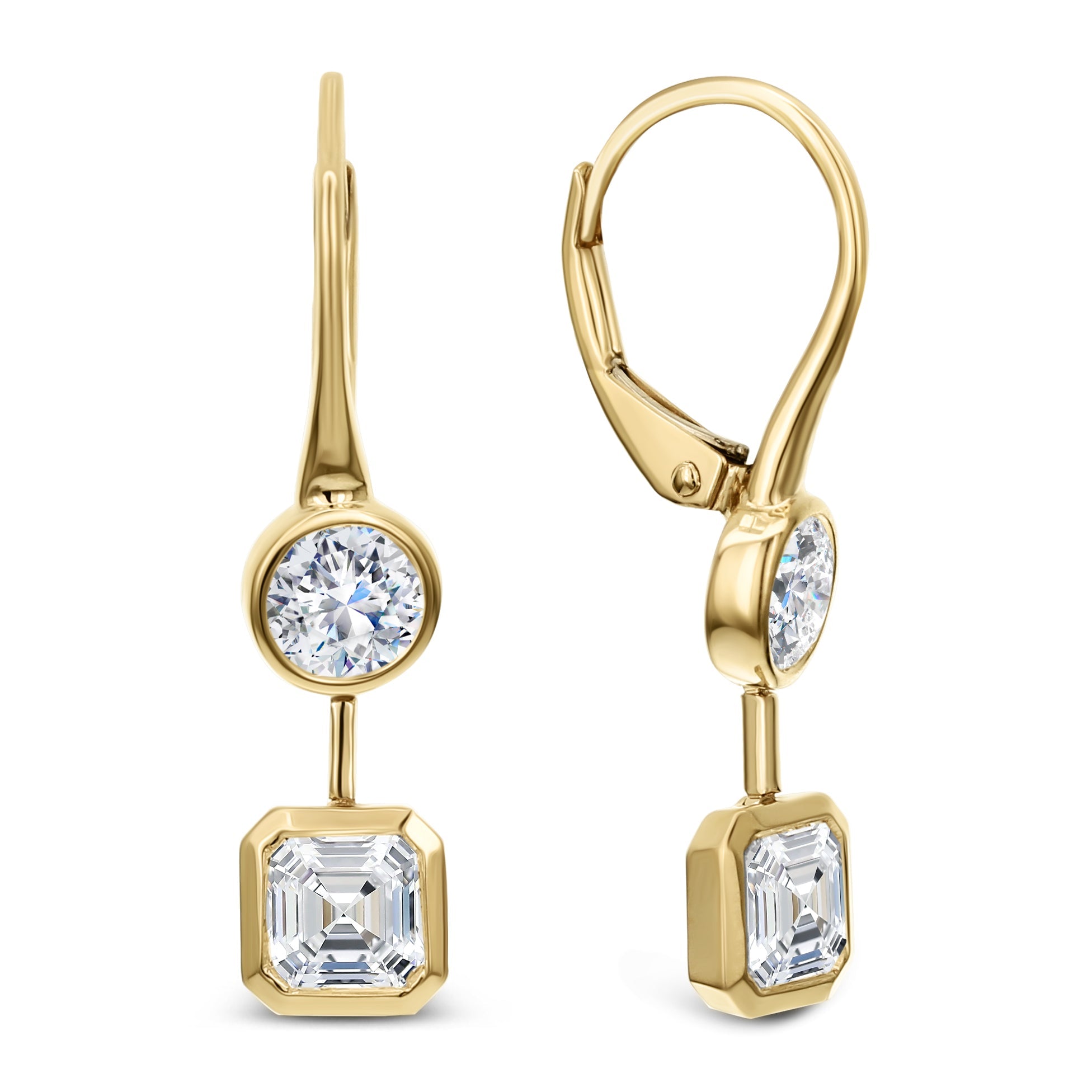 2 Stone Round and Asscher Cut Diamond Earrings-Yellow