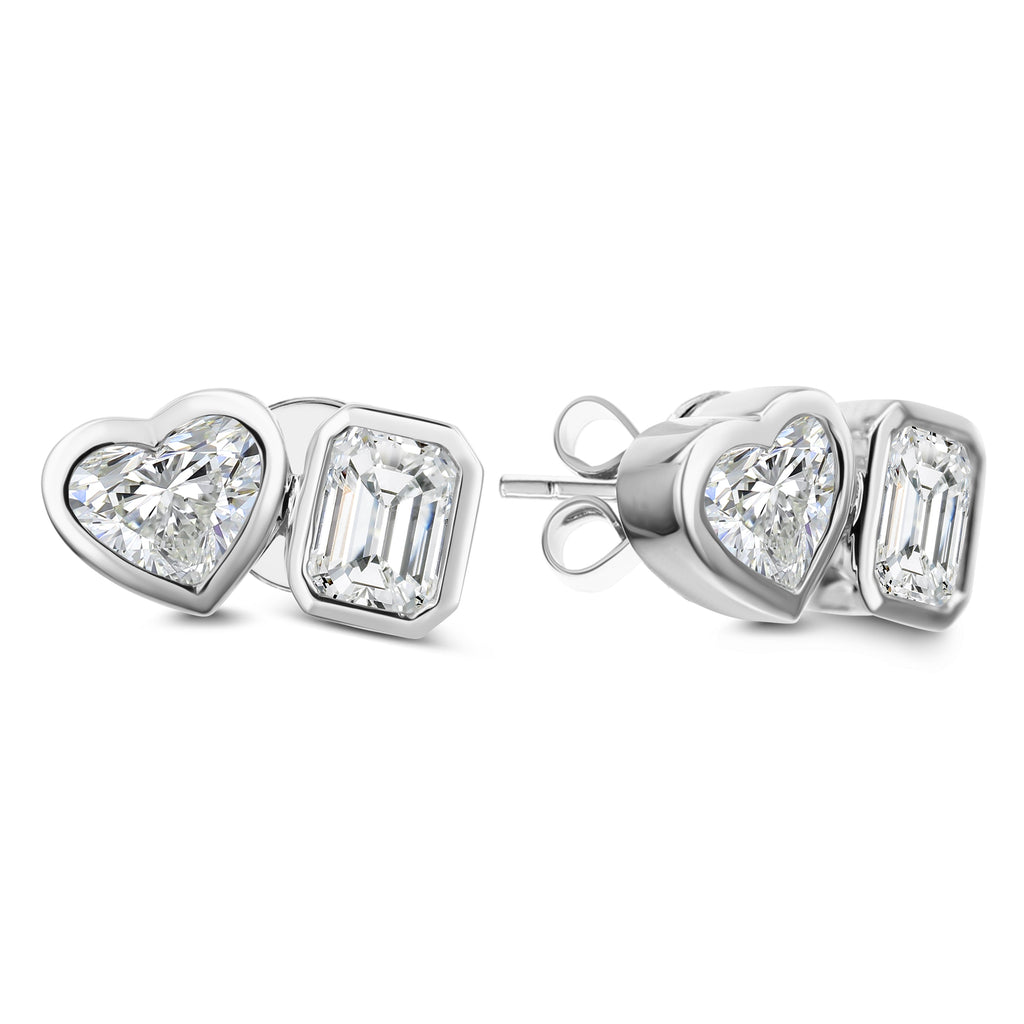 Emerald Cut & Heart Shape Diamond Stud Earrings - White