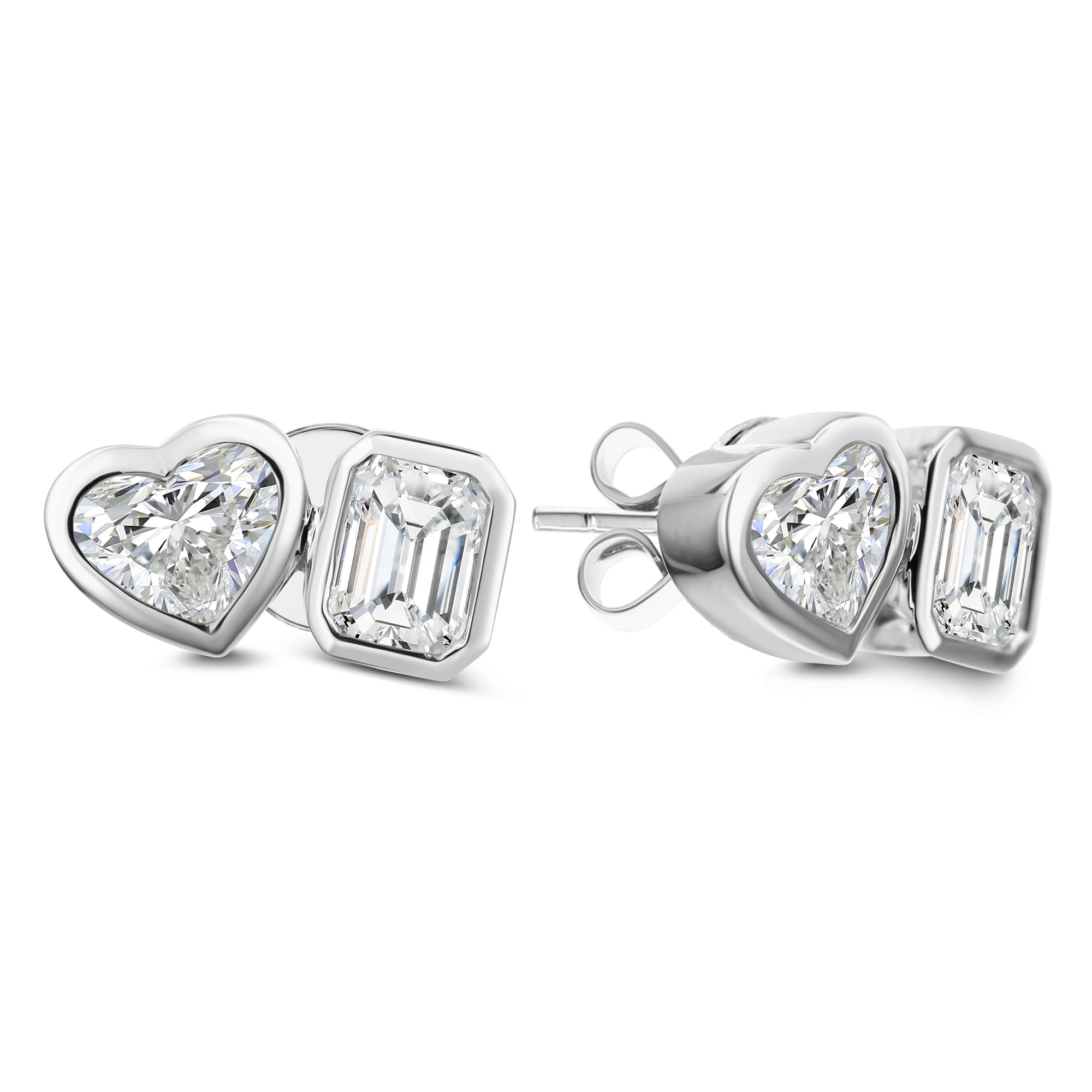 Emerald Cut & Heart Shape Diamond Stud Earrings - White