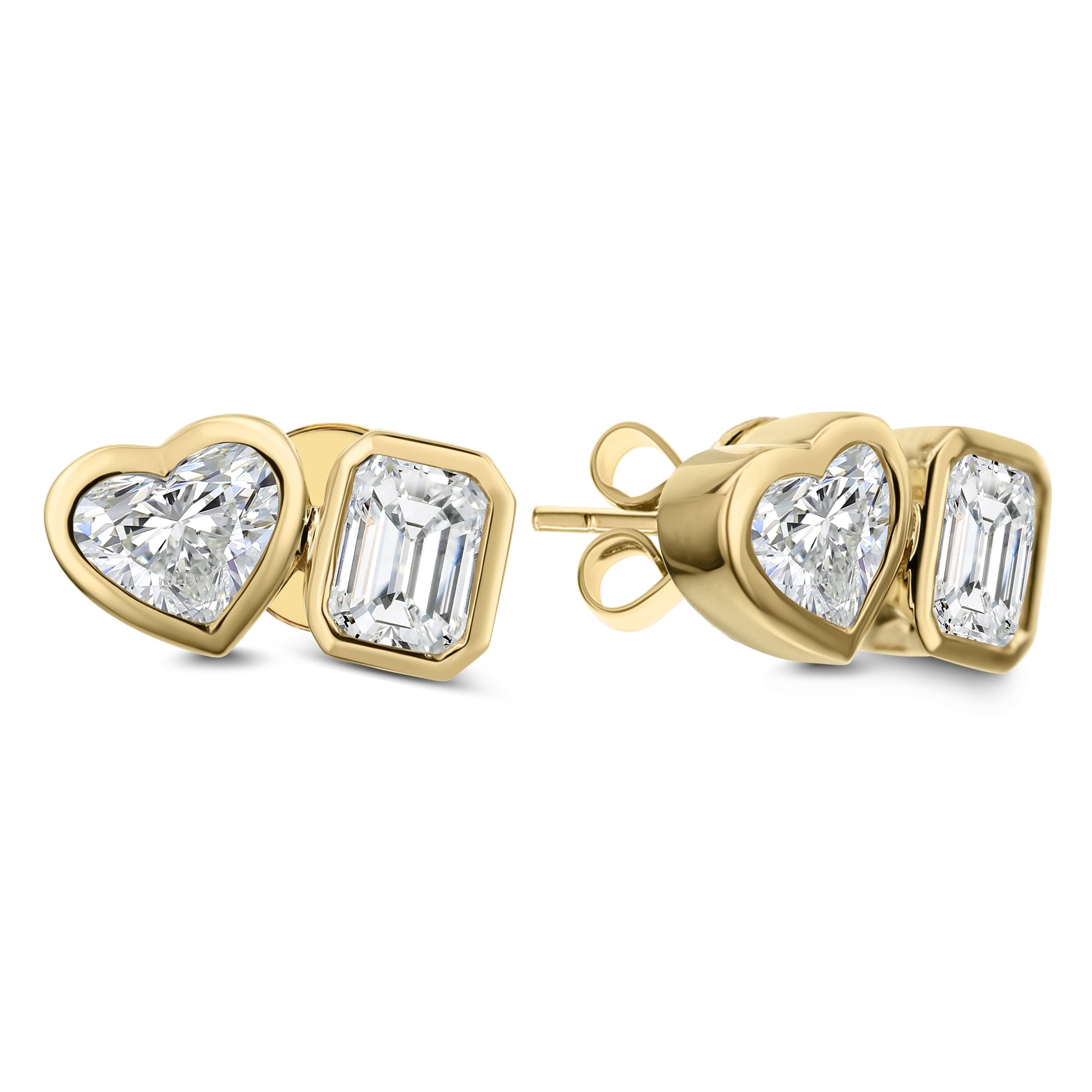 Emerald Cut & Heart Shape Diamond Stud Earrings - Yellow