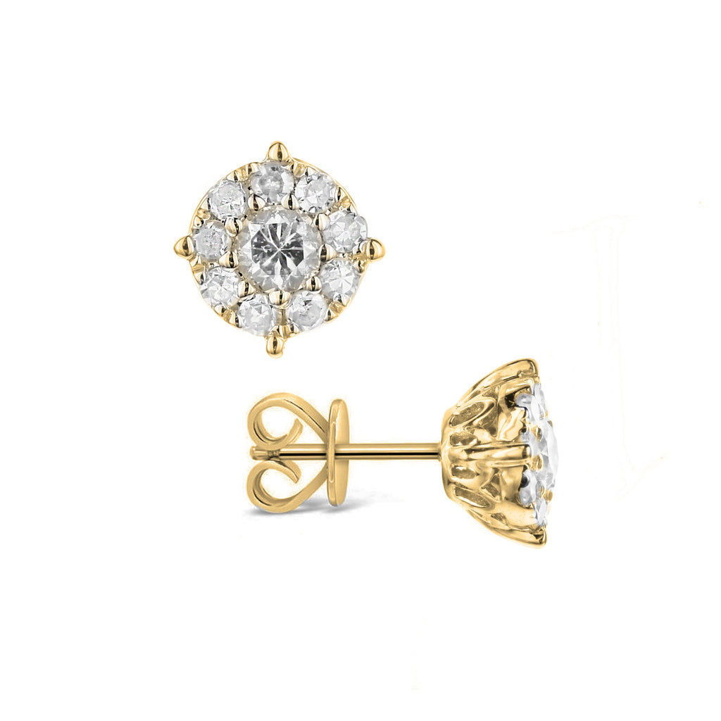 Round and Square Diamond Stud Earrings-Yellow