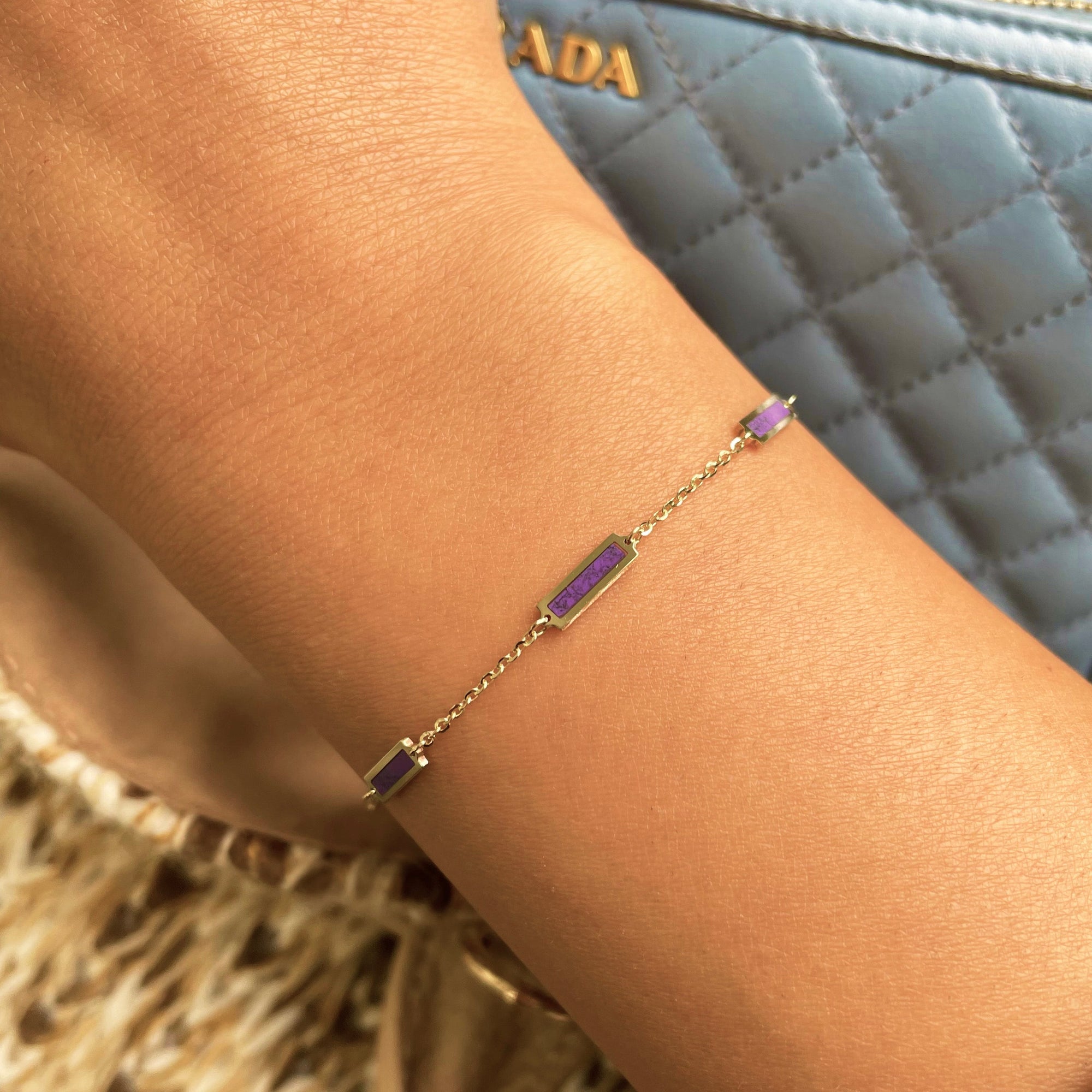 14K Yellow Gold Amethyst Bar Station Bracelet