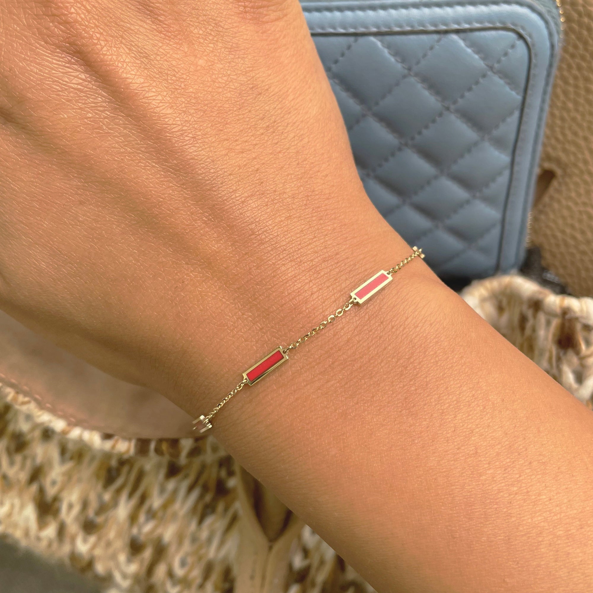 14K Yellow Gold Coral Bar Station Bracelet