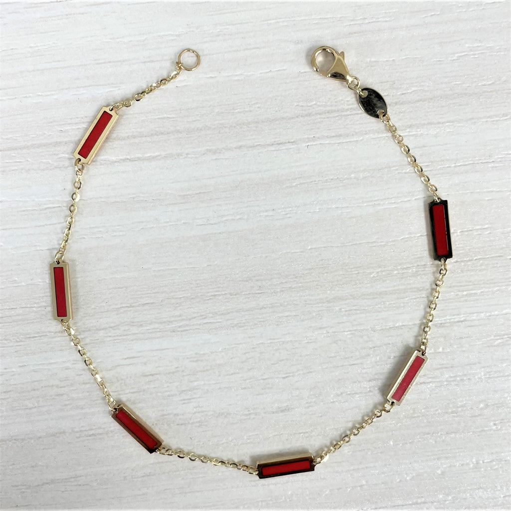 14K Yellow Gold Coral Bar Station Bracelet