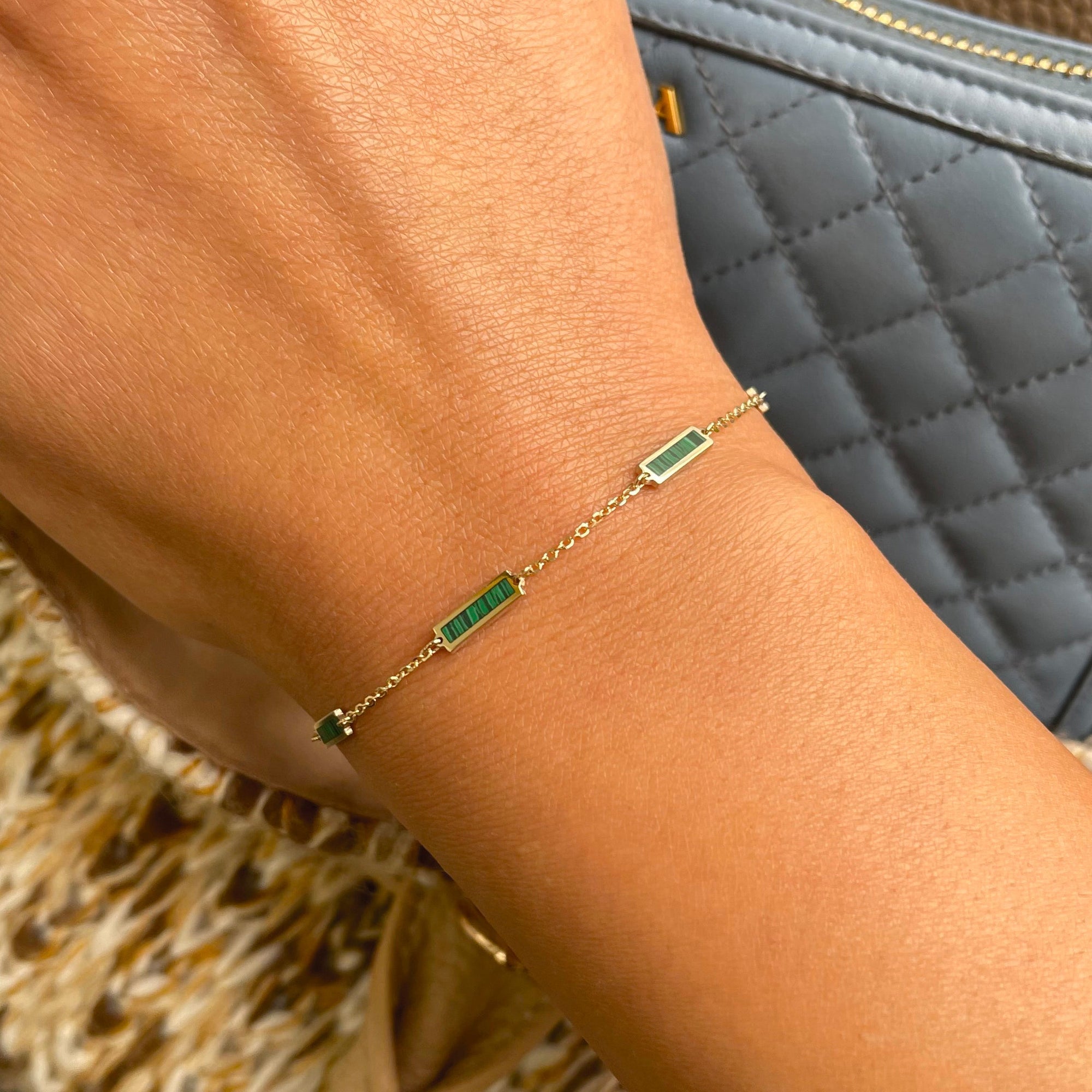 14K Yellow Gold Malachite Bar Station Bracelet