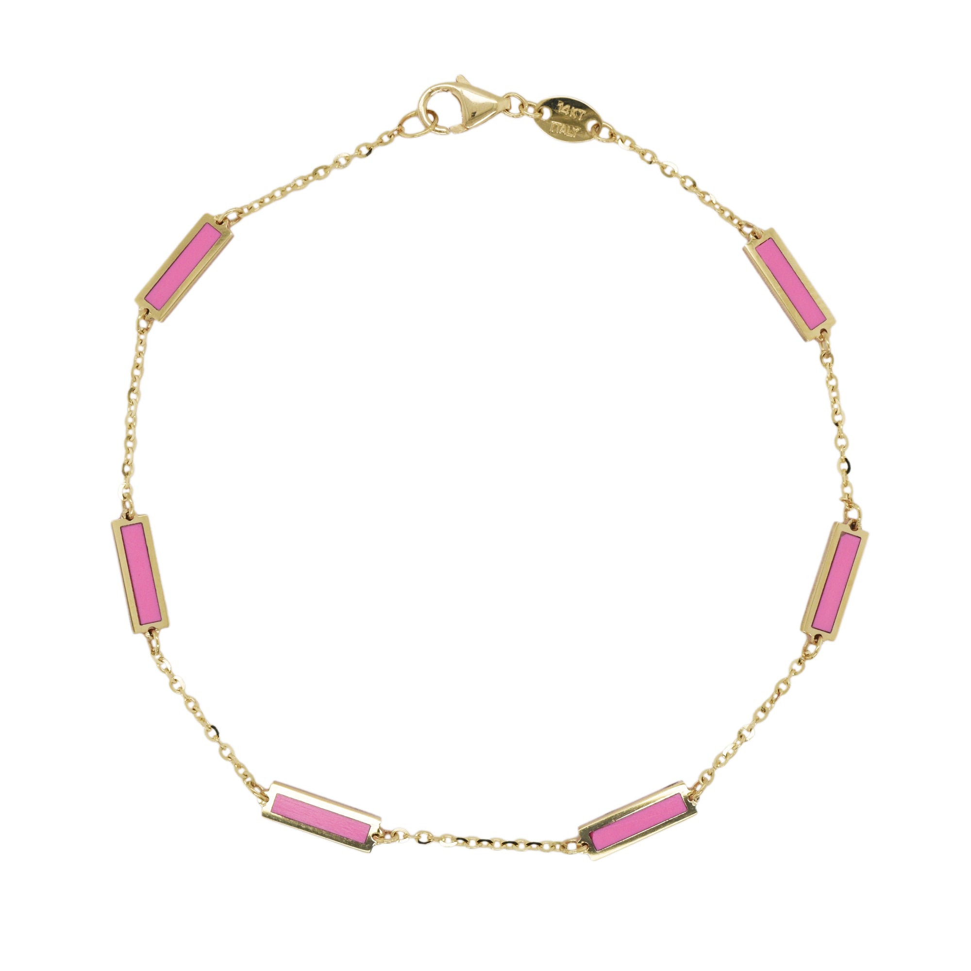 14K Yellow Gold Pink Agate Bar Station Bracelet