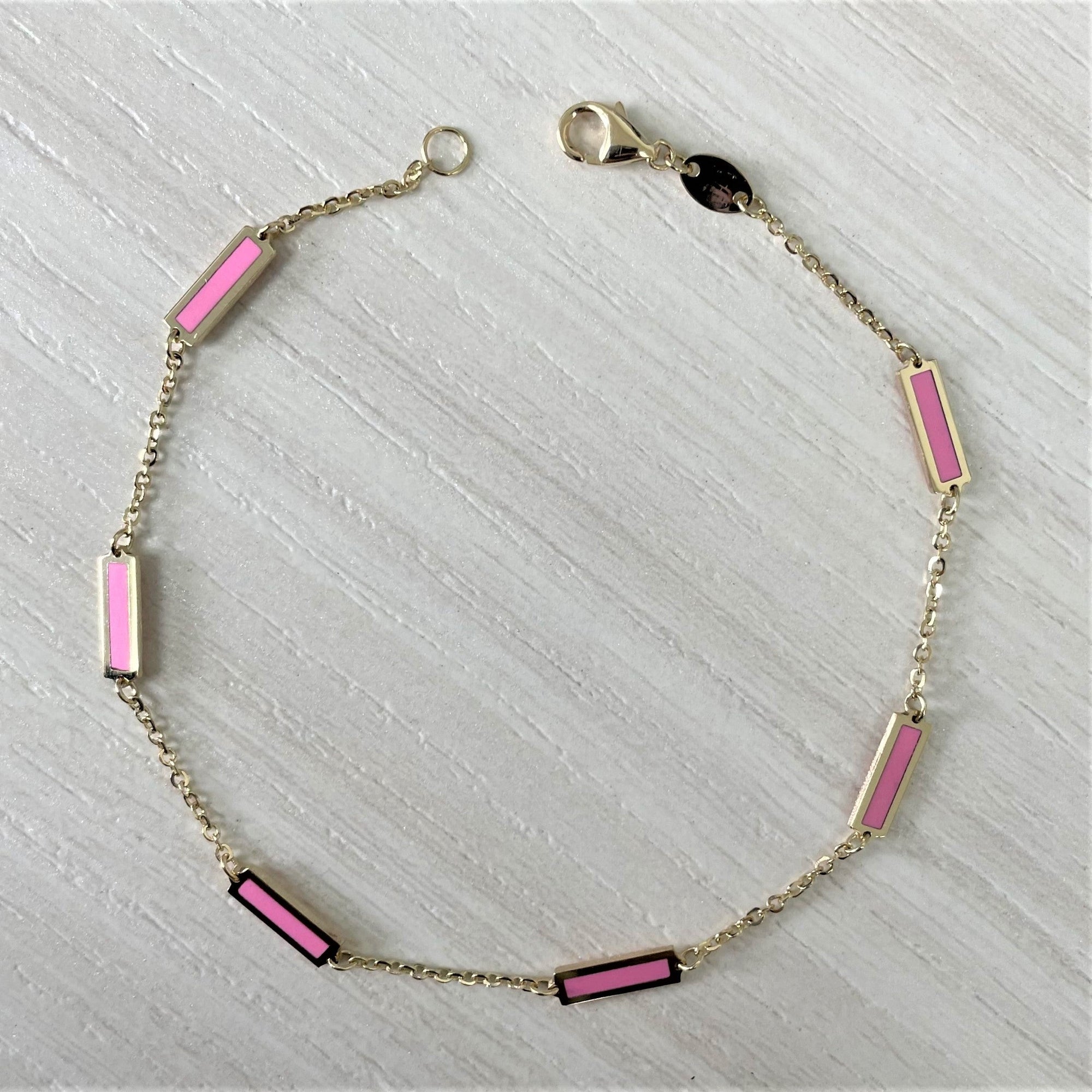 14K Yellow Gold Pink Agate Bar Station Bracelet