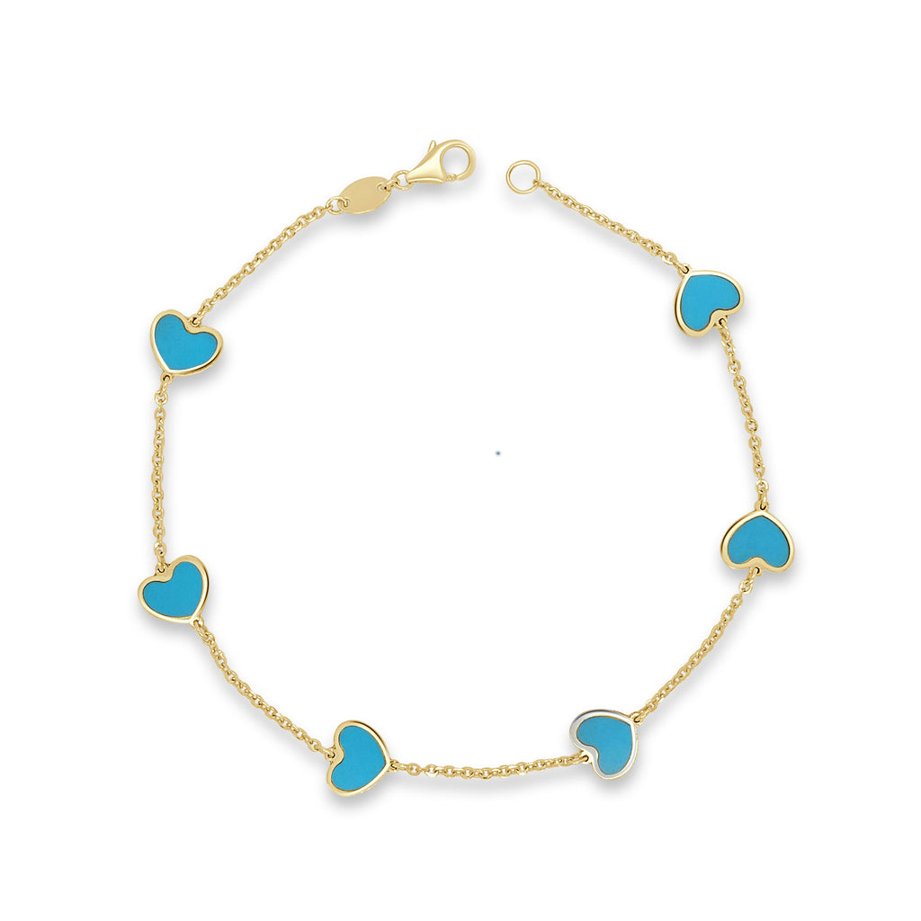 14K Yellow Gold Turquoise Heart Station Bracelet