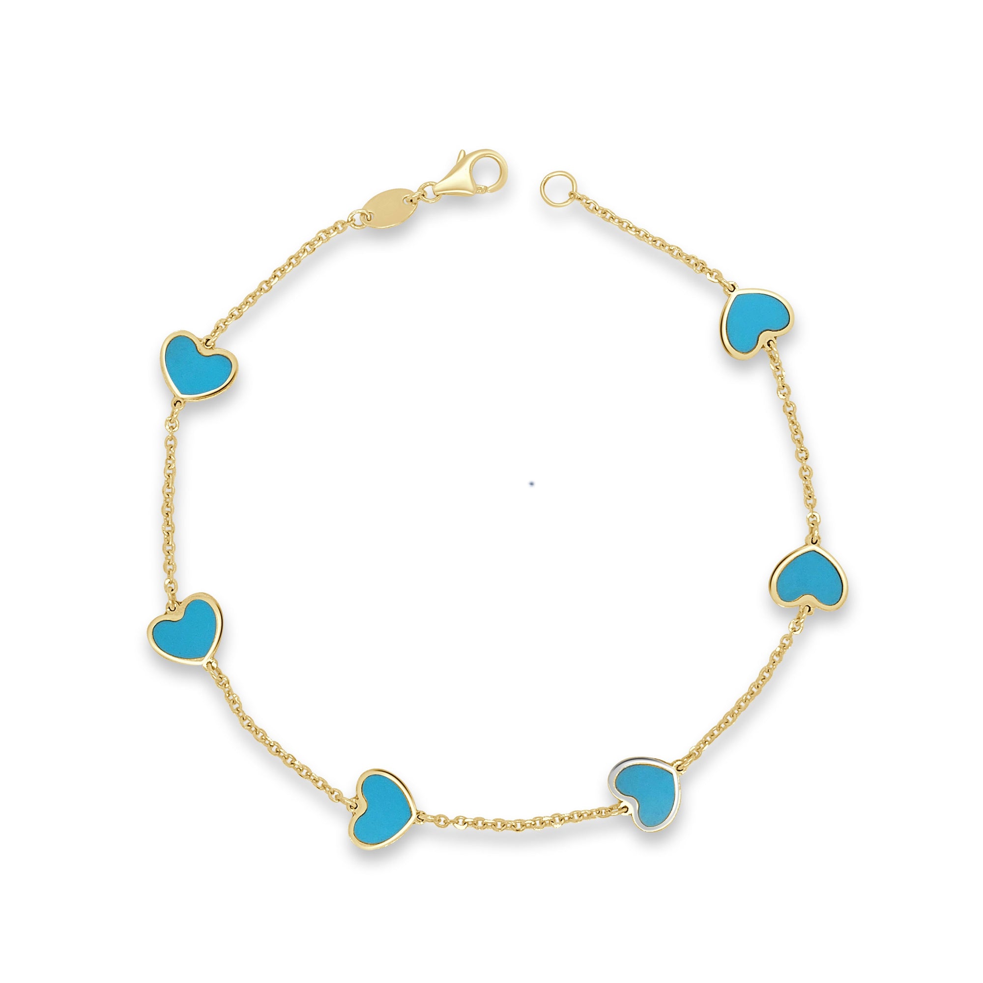 14K Yellow Gold Turquoise Heart Station Bracelet
