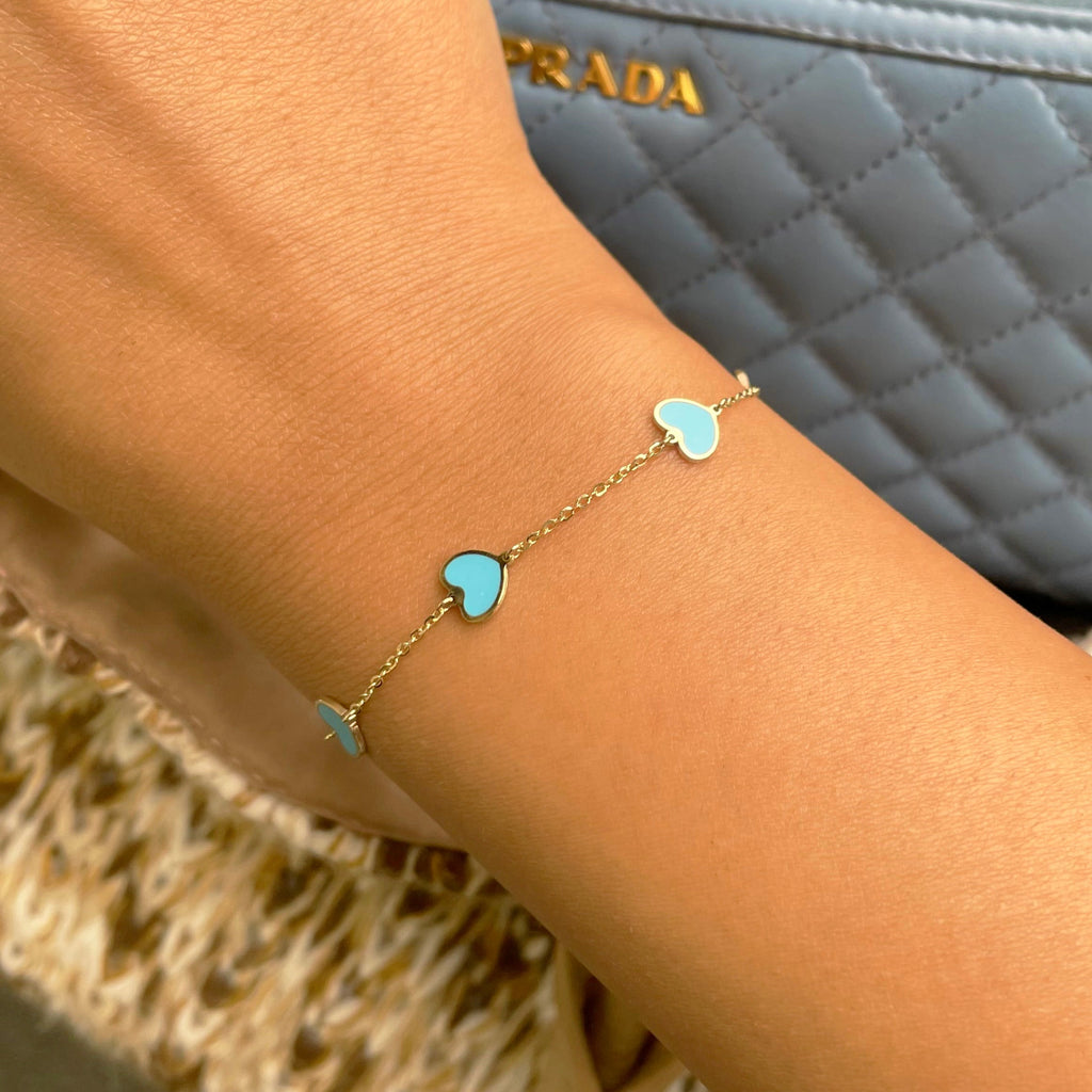 14K Yellow Gold Turquoise Heart Station Bracelet