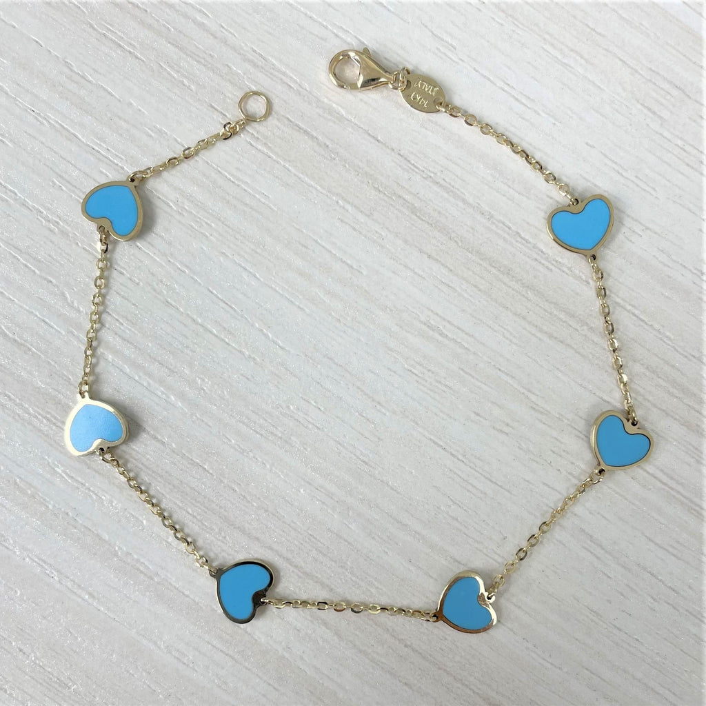 14K Yellow Gold Turquoise Heart Station Bracelet