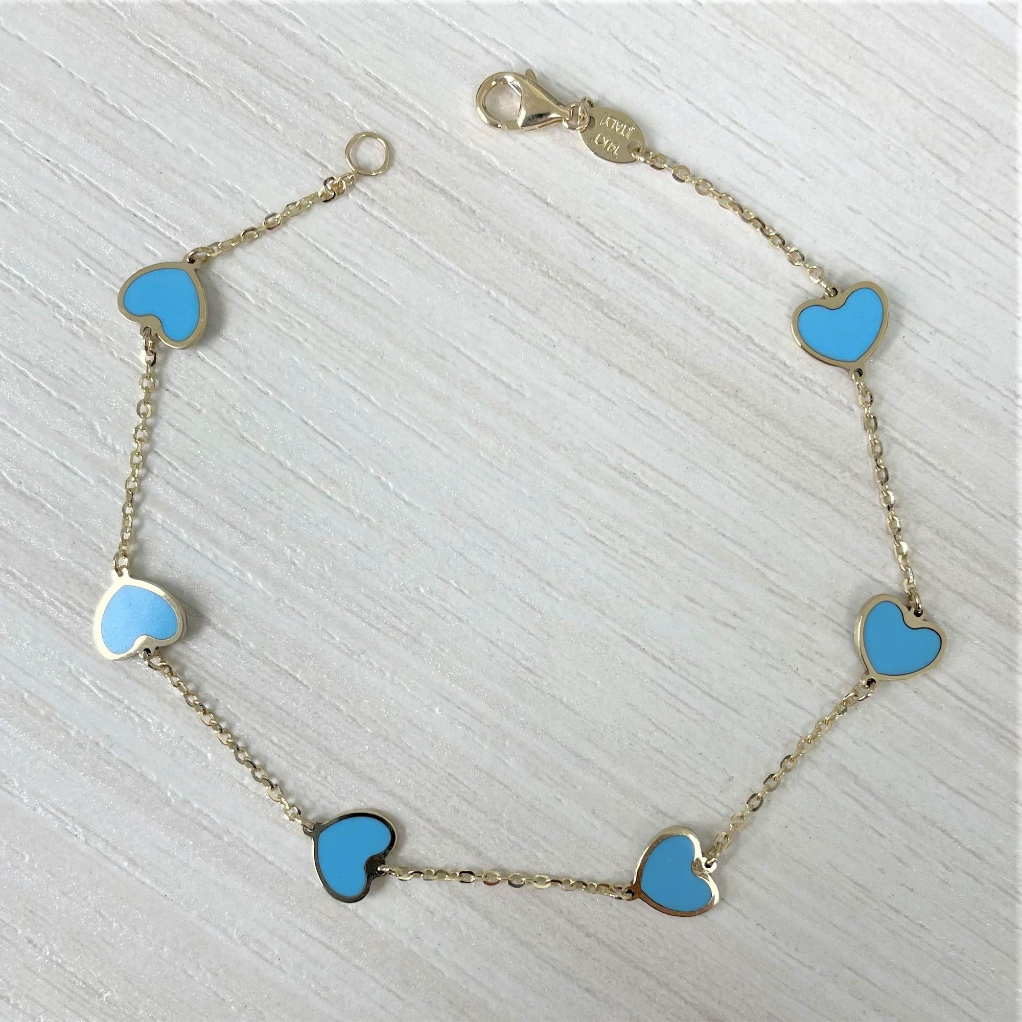 14K Yellow Gold Turquoise Heart Station Bracelet