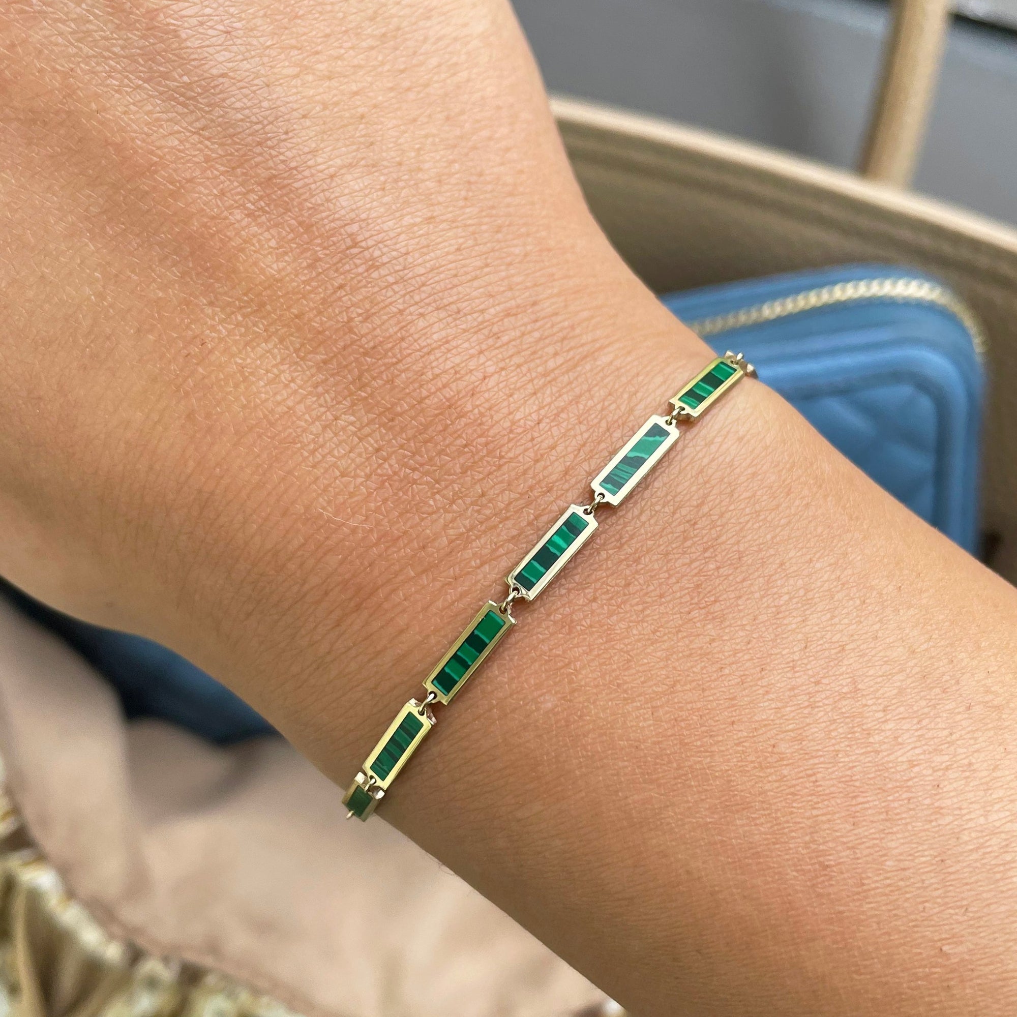 14K Yellow Gold Malachite Bar Station Bracelet
