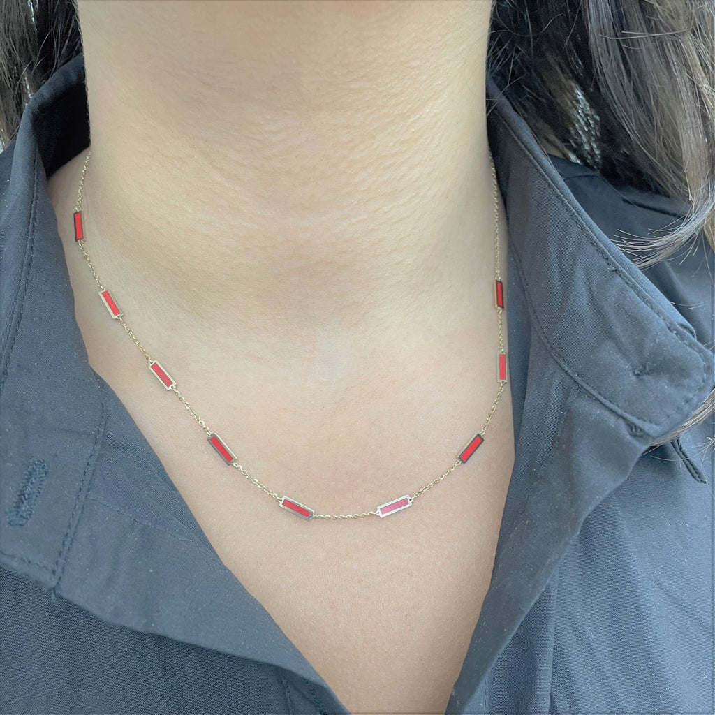 14k Gold & Coral Bar Station Necklace