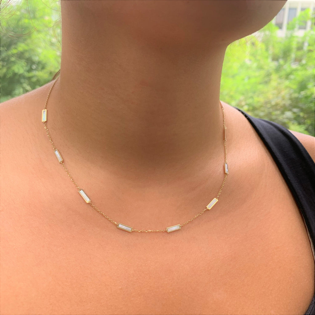 14K Yellow Gold Mother of Pearl Station Bar Necklace