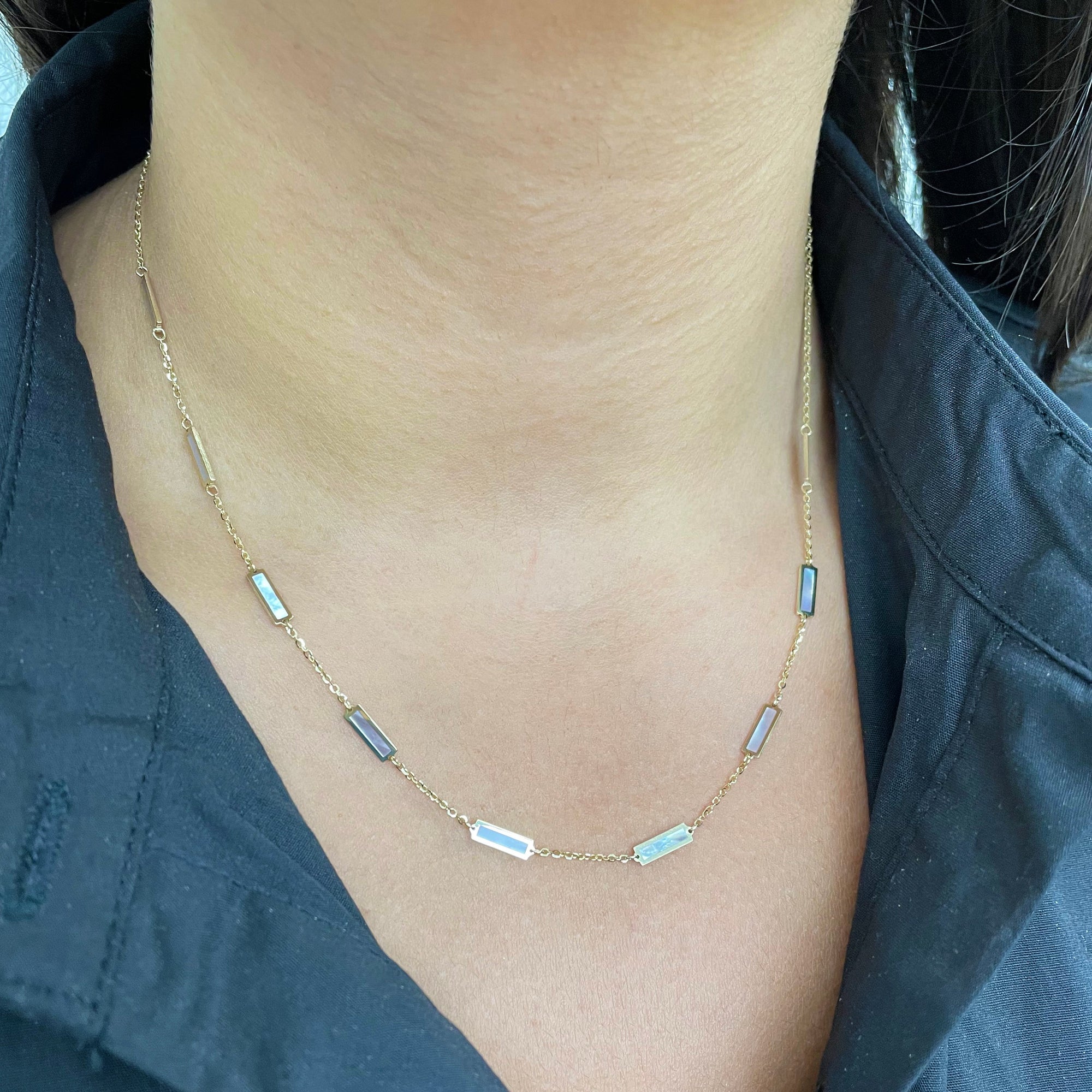 14K Yellow Gold Mother of Pearl Station Bar Necklace