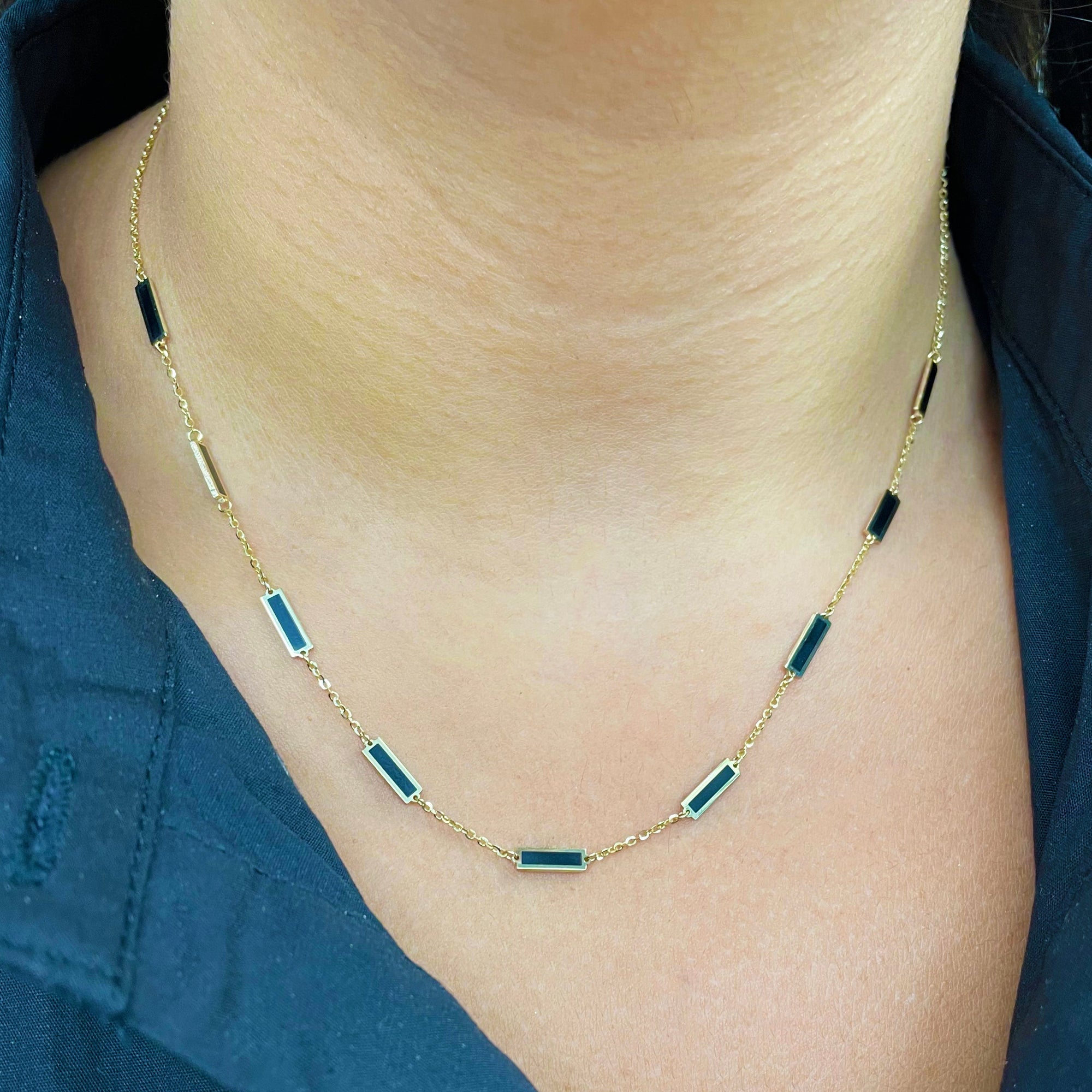 14K Yellow Gold Onyx Station Bar Necklace