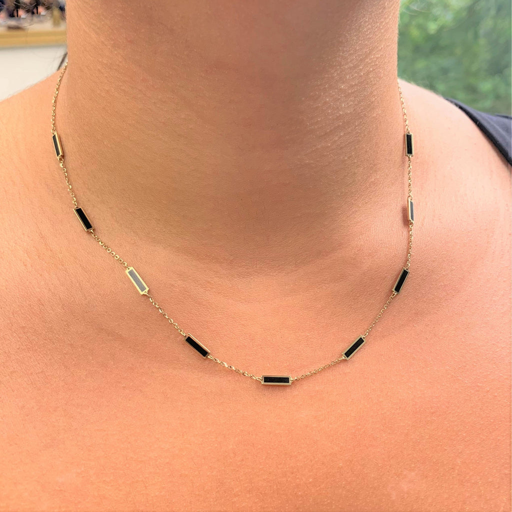 14K Yellow Gold Onyx Station Bar Necklace