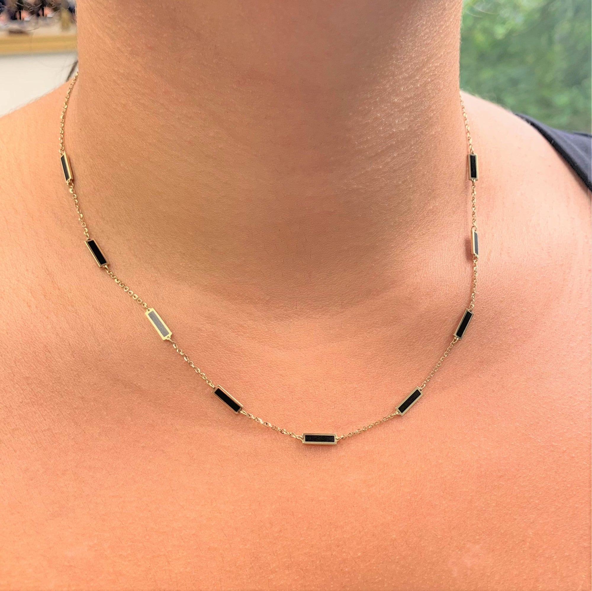 14K Yellow Gold Onyx Station Bar Necklace