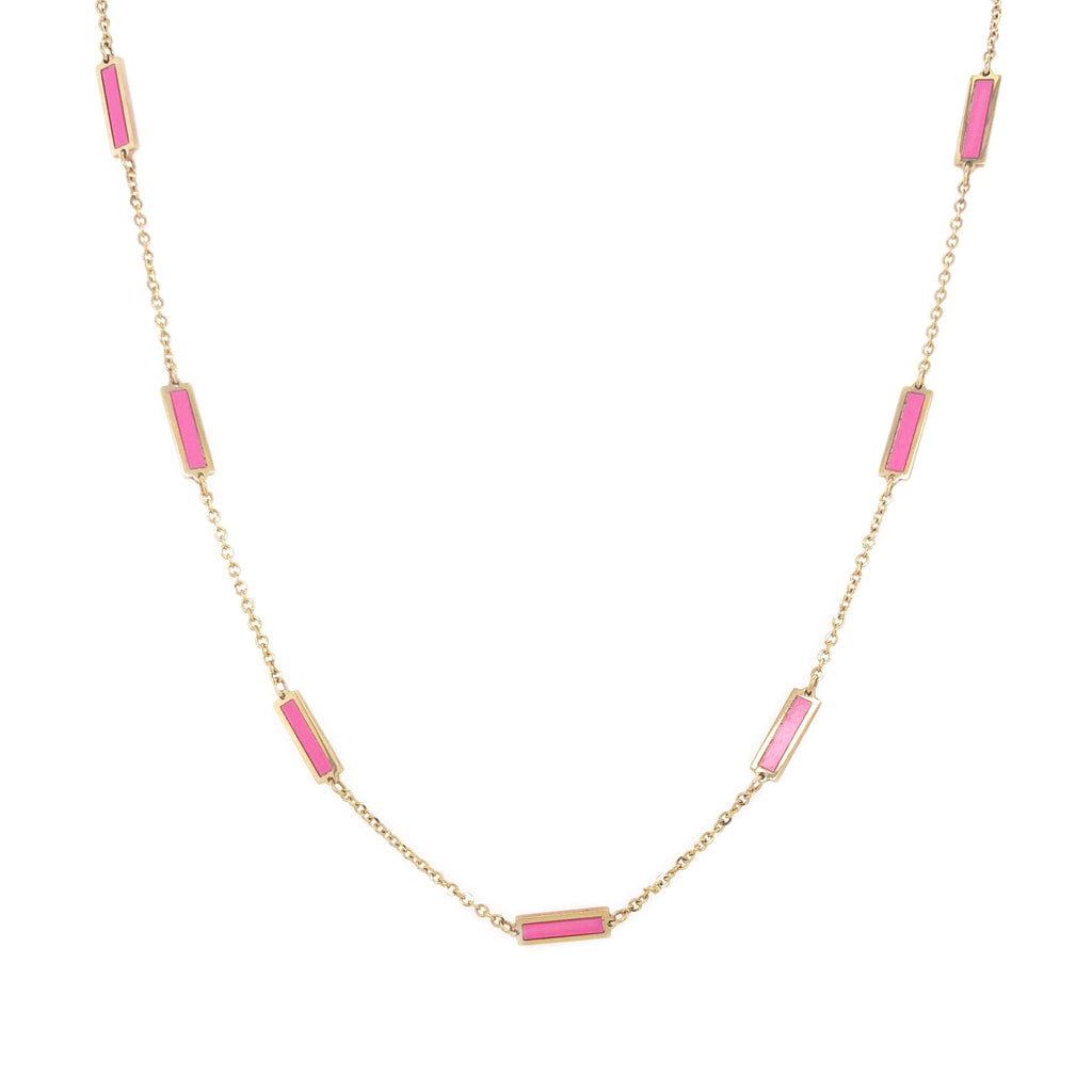 14K Yellow Gold Pink Agate Bar Station Necklace